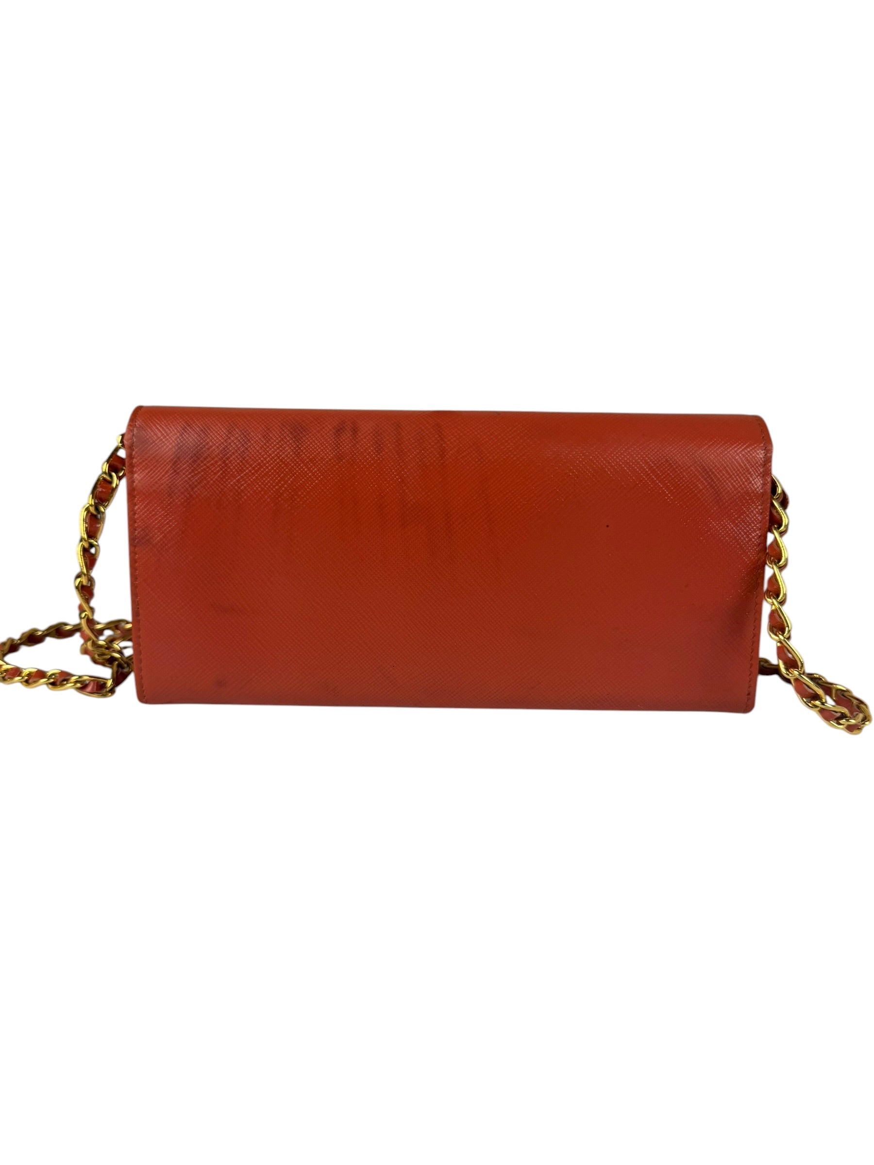 Prada Coral-Red Saffiano Leather Wallet On Chain