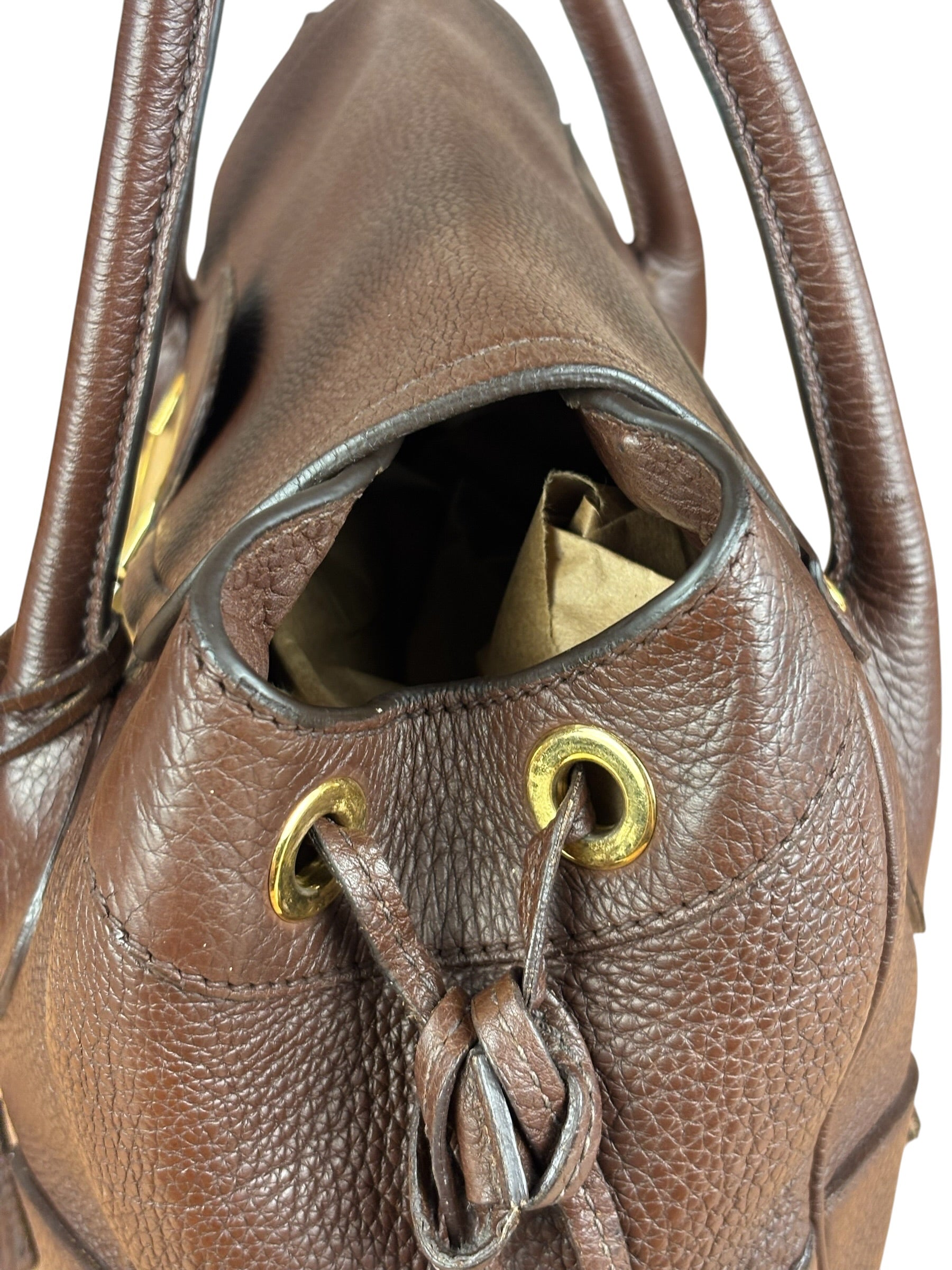 Prada Rich Brown Vitello Daino Sound Lock Satchel Shoulder Bag