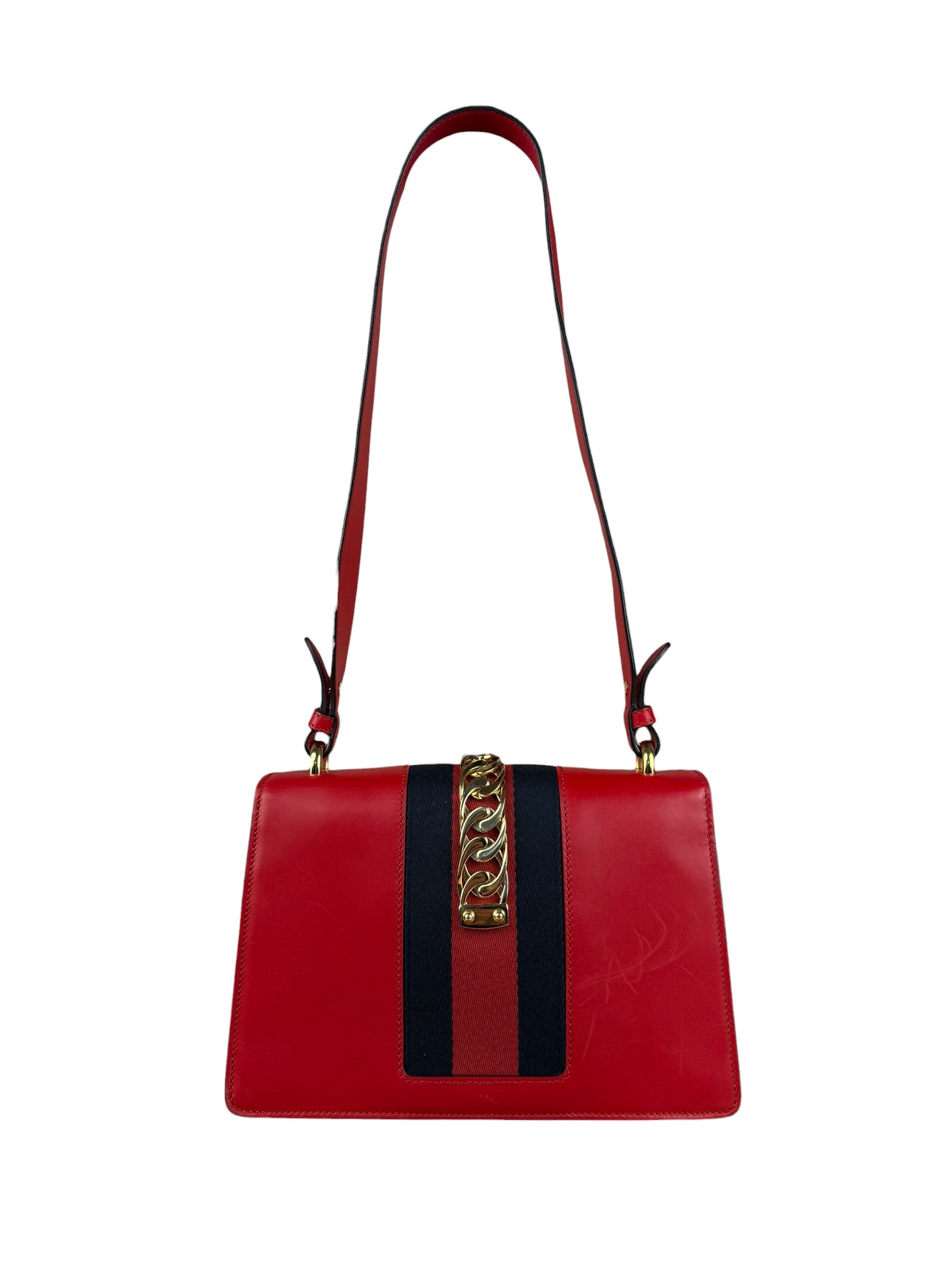 Gucci Red Leather Sylvie Buckle Shoulder Bag