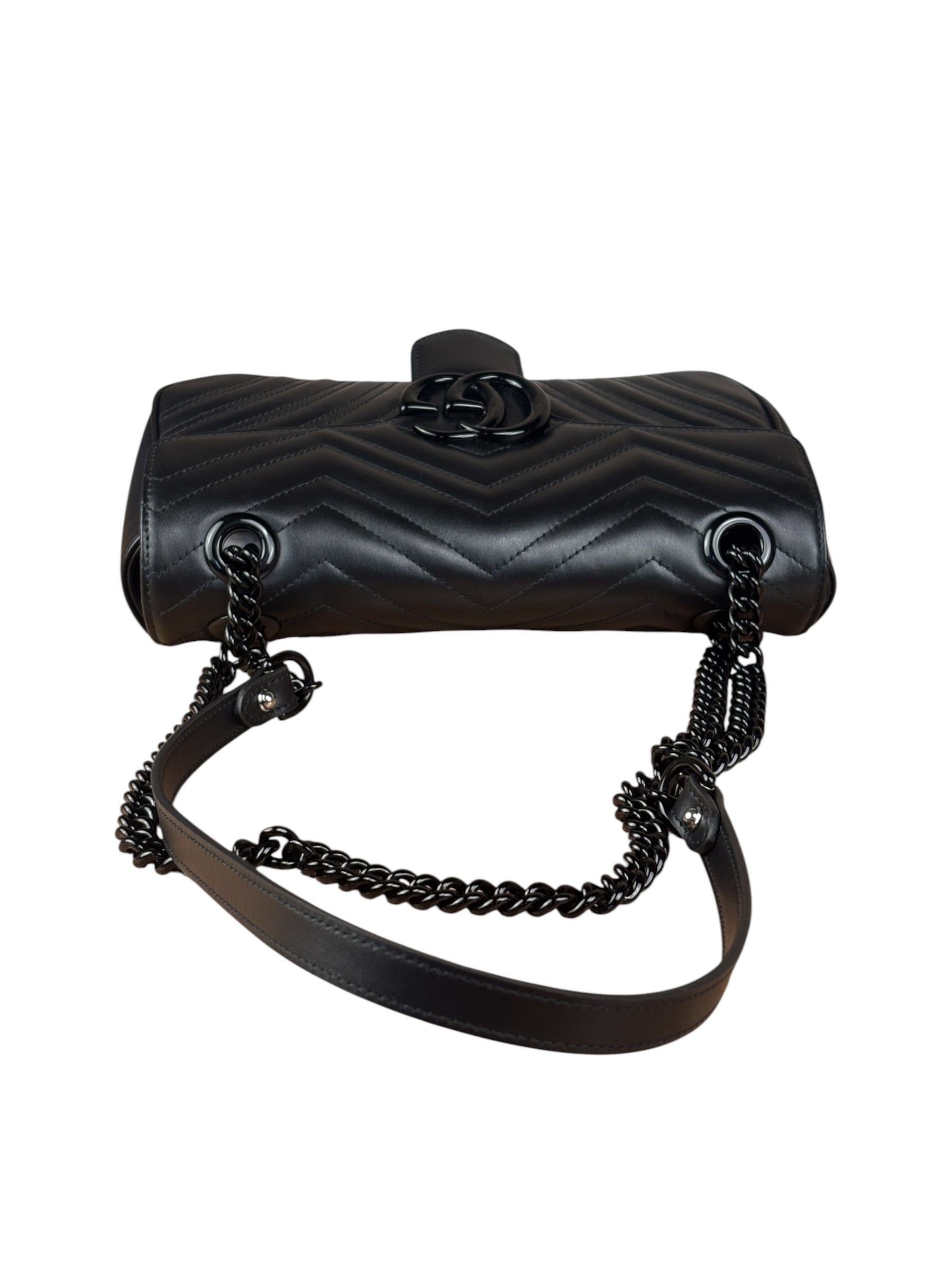 Gucci Black Leather GG Logo Marmont Noir Matelasse Shoulder Bag