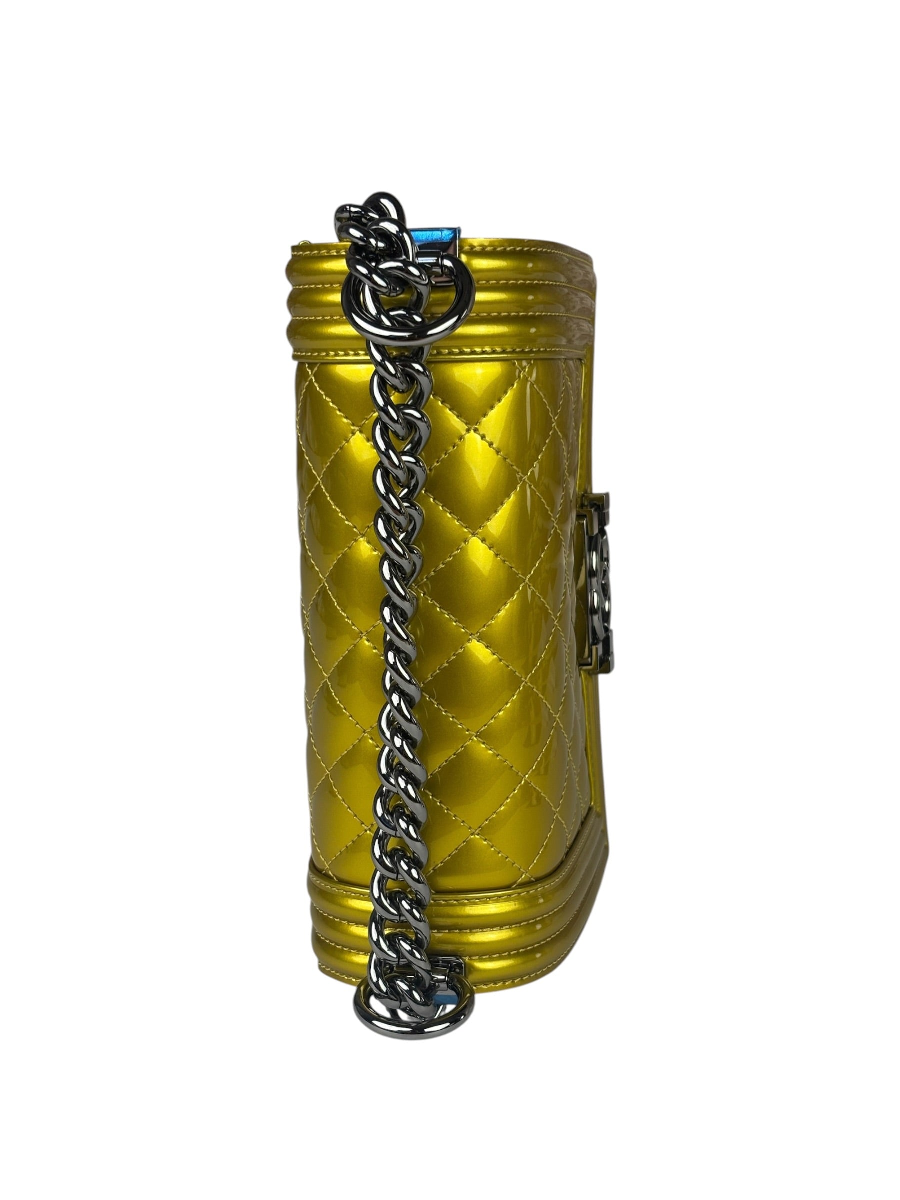 Chanel Metallic Yellow Quilted Patent Leather Mini Boy Flap Bag 2014