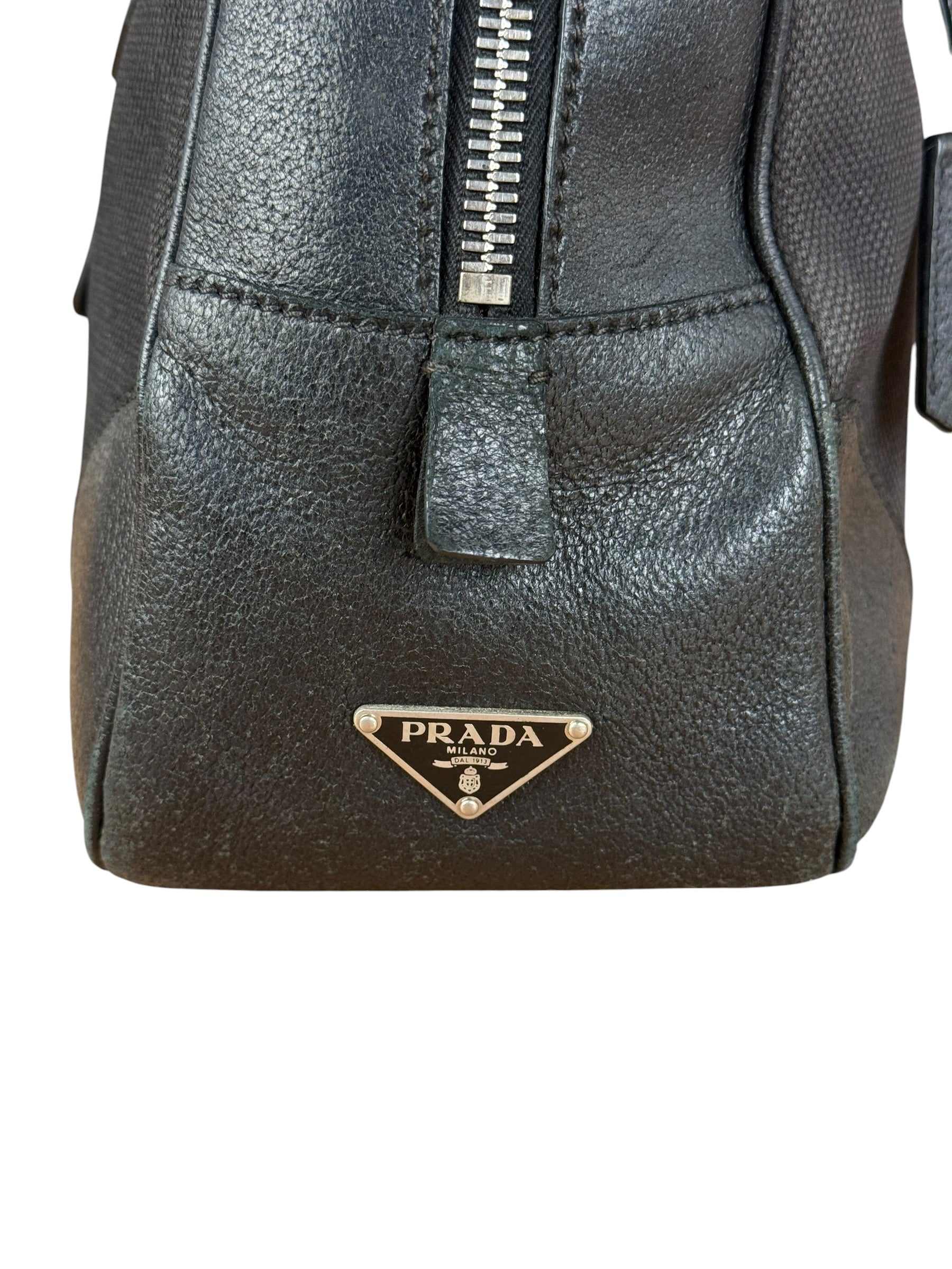 Prada Vintage Black Canvas Leather Trim Bowler Shoulder Bag
