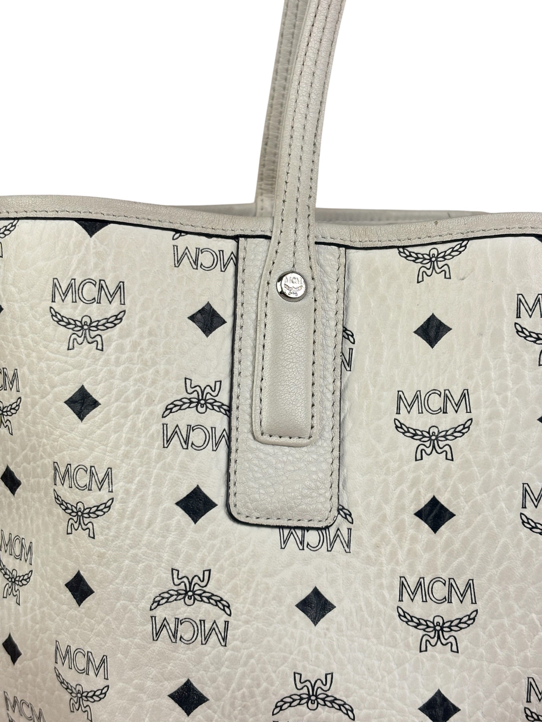 MCM White Leather Reversible Liz Shopper In Visetos Tote Bag