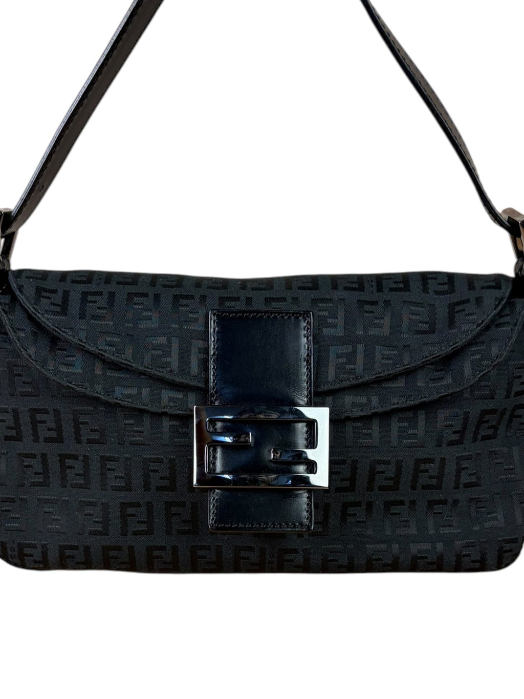 Fendi Black Leather Trim Zucca Baguette