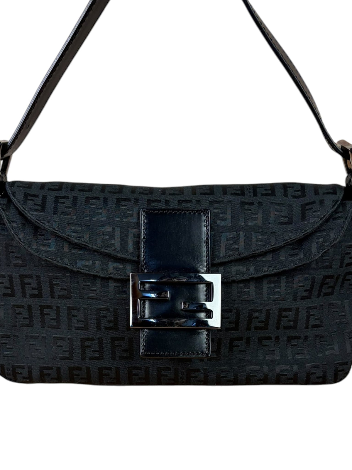 Fendi Black Leather Trim Zucca Baguette