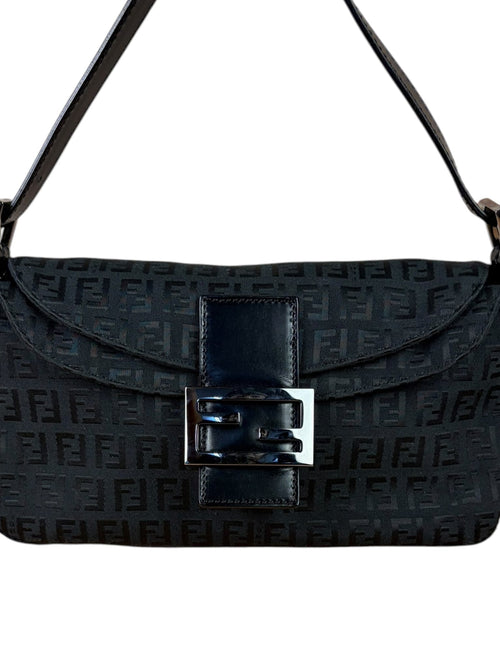 Fendi Black Leather Trim Zucca Baguette