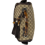 Gucci Brown Leather Trim GG Bamboo Handle Two-Way Bag