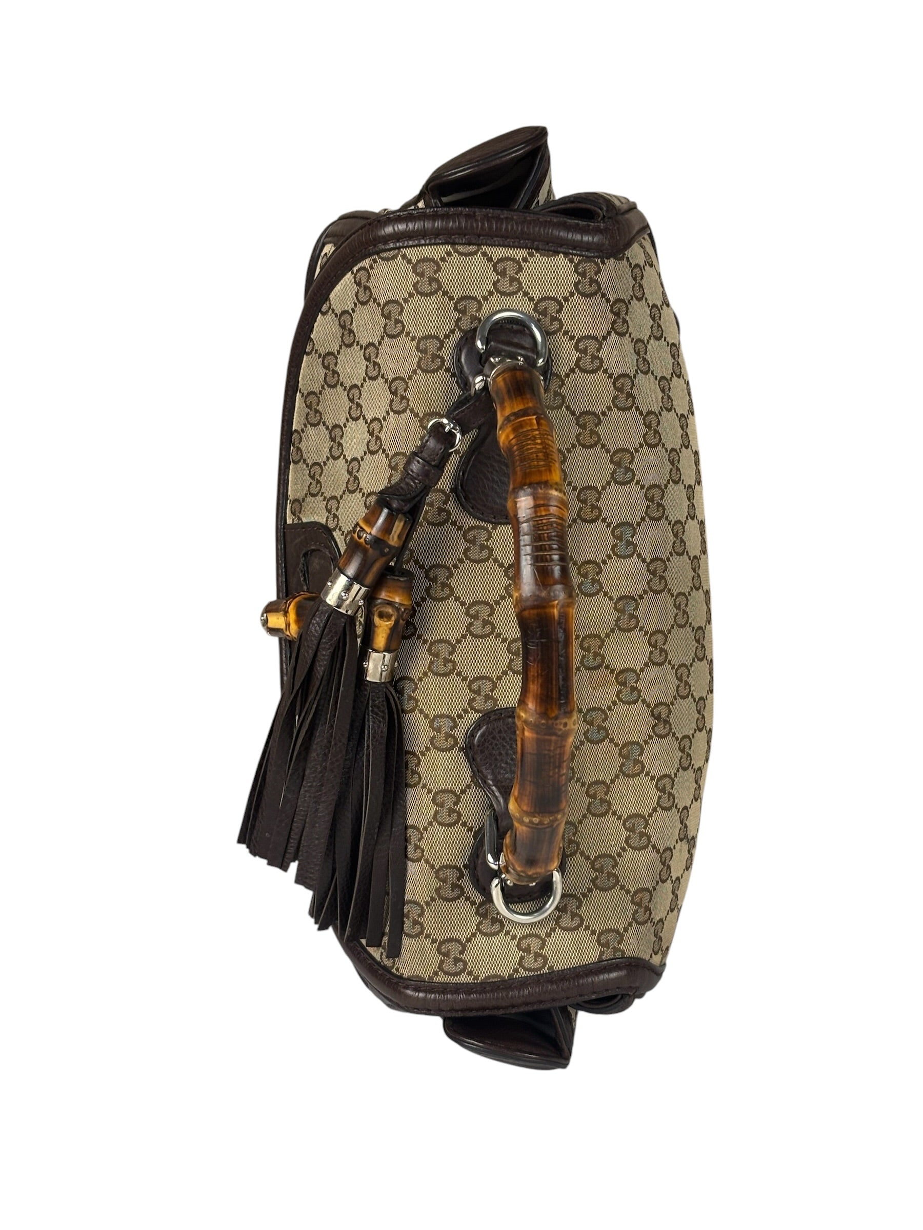 Gucci Brown Leather Trim GG Bamboo Handle Two-Way Bag