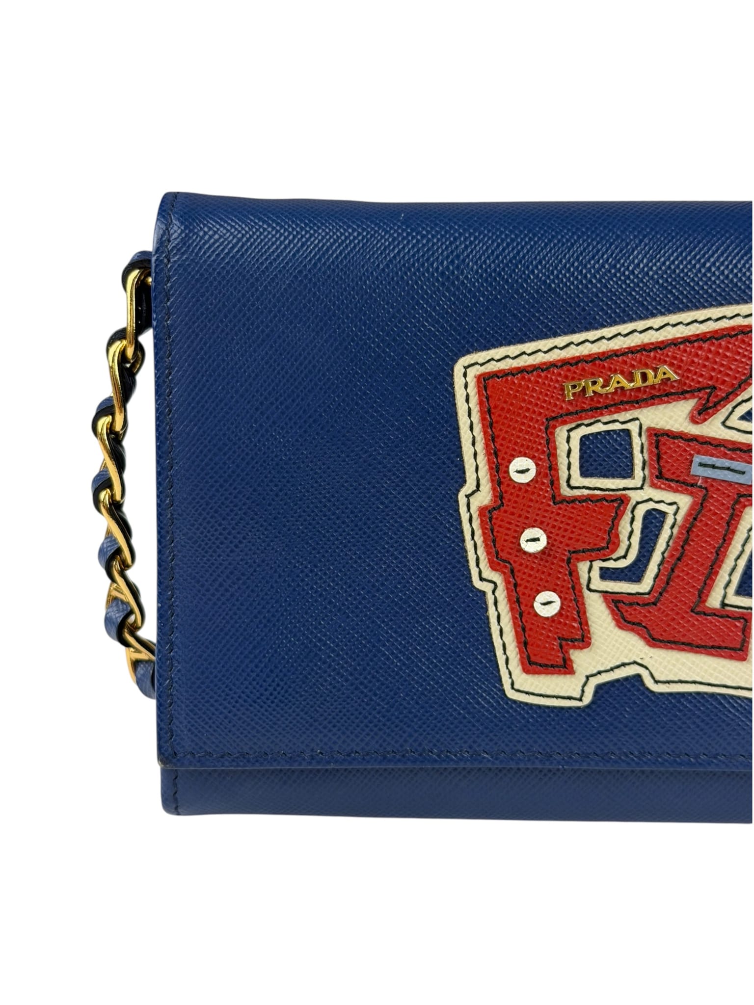Prada Blue Saffiano Leather Fire Flap Wallet On Chain
