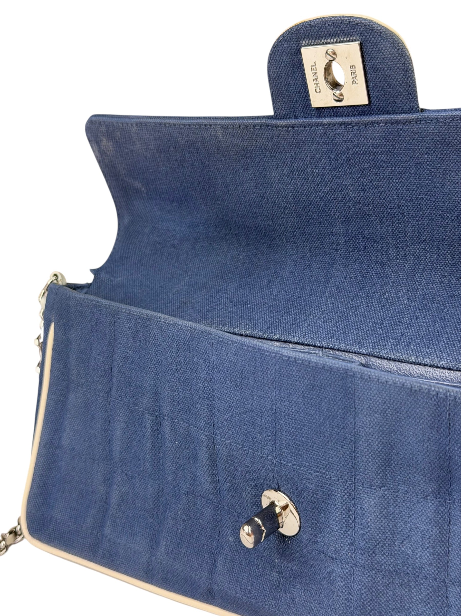 Chanel Blue/Cream Patent Leather Trim East-West Chocolate Bar Shoulder Bag 2002