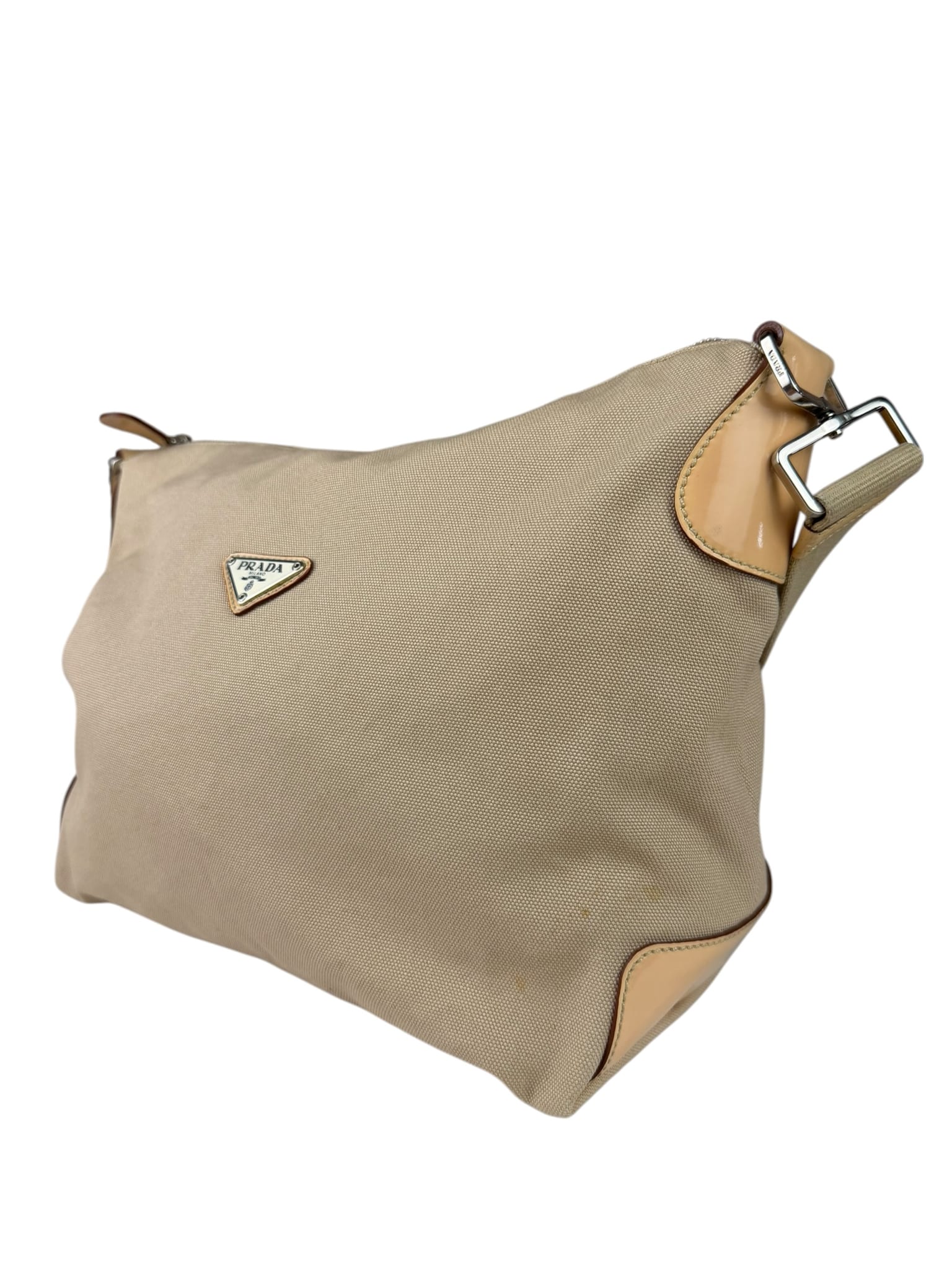 Prada Beige Cloth/Patent Leather Trim Shoulder Bag