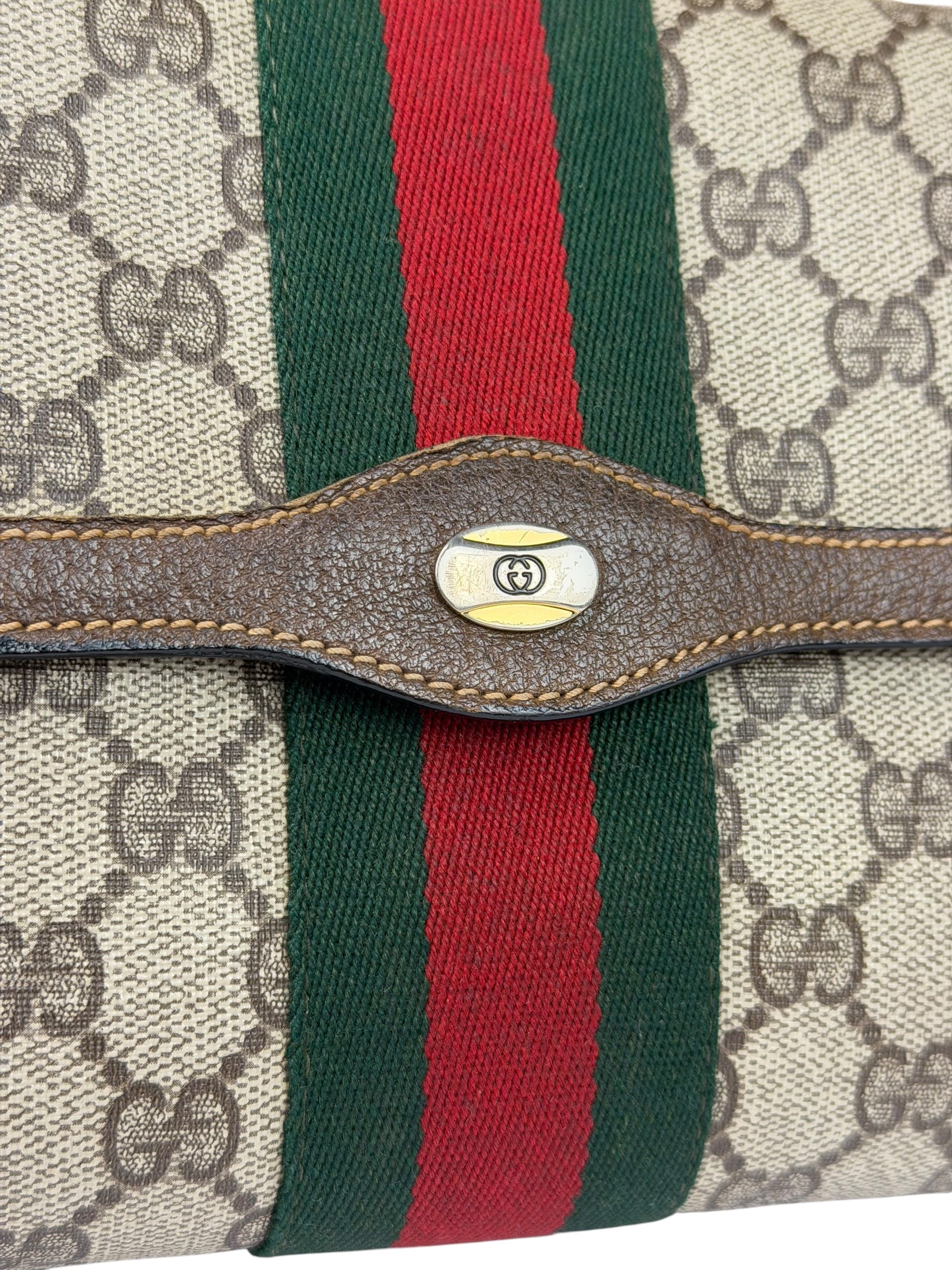 Gucci Brown Leather GG Supreme Web Stripe Clutch