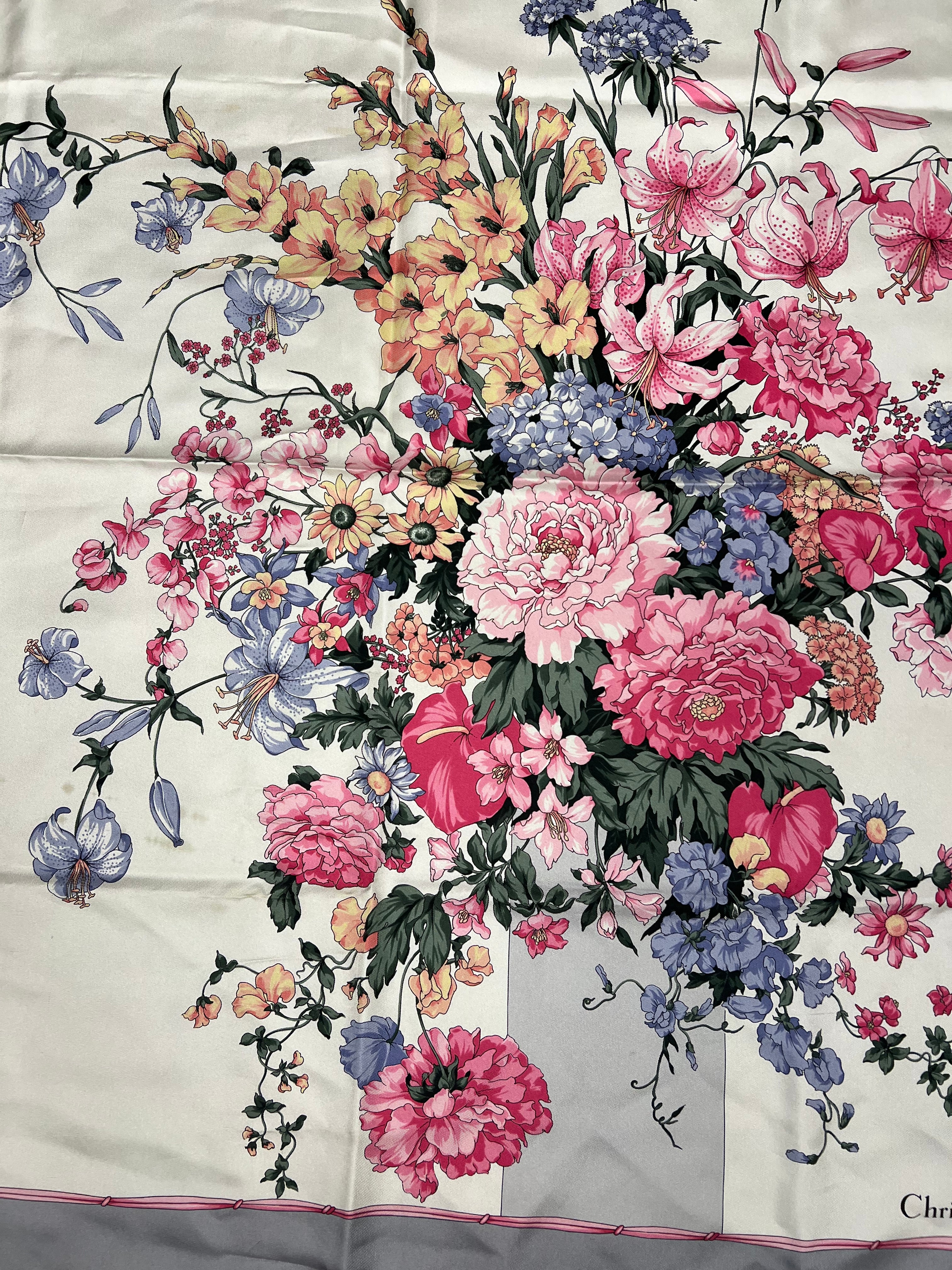 Christian Dior Pink/Grey Silk Floral Scarf