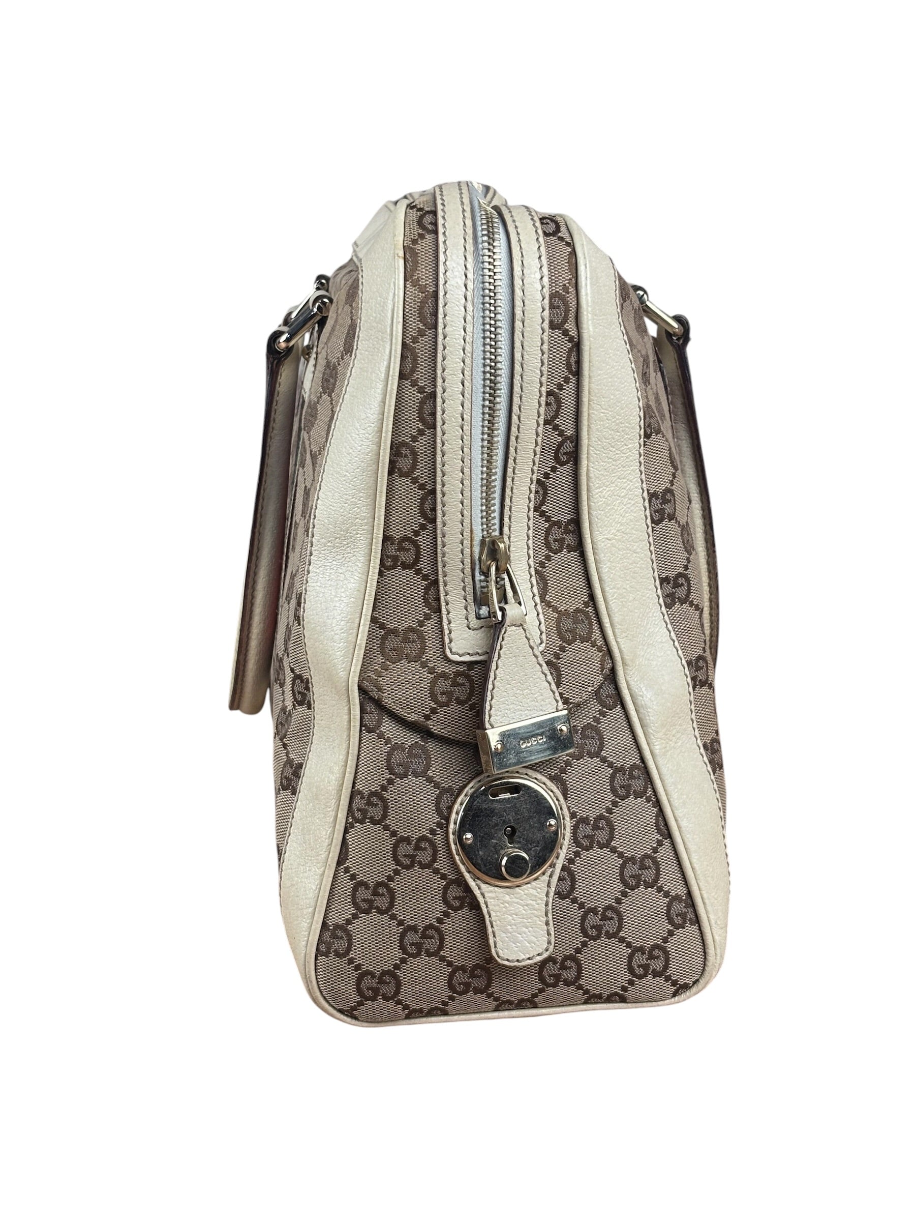 Gucci Leather Trim Monogram Canvas Web Stripe Tote Bag