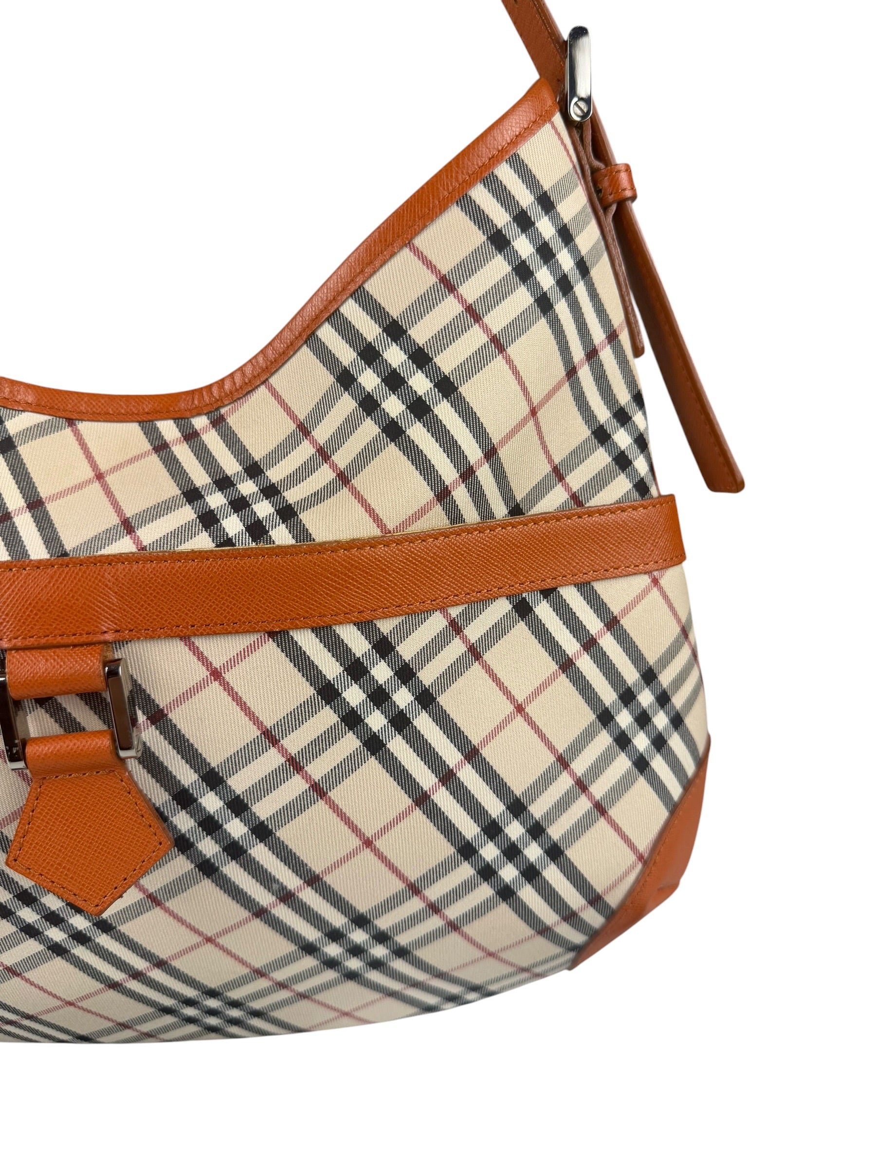 Burberry Orange Leather Trim Nova Check Hobo Bag