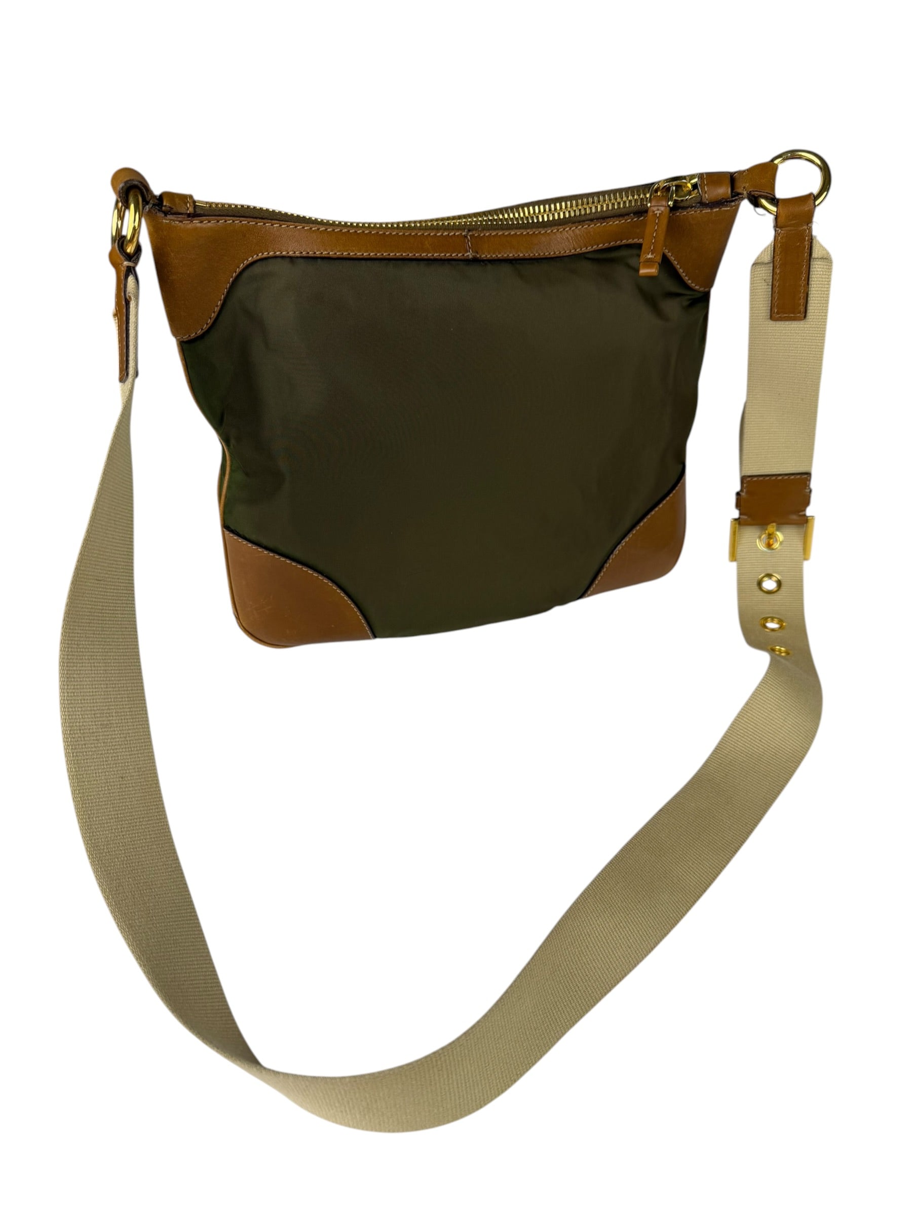 Prada Green/Brown Nylon/Leather Trim Crossbody Bag