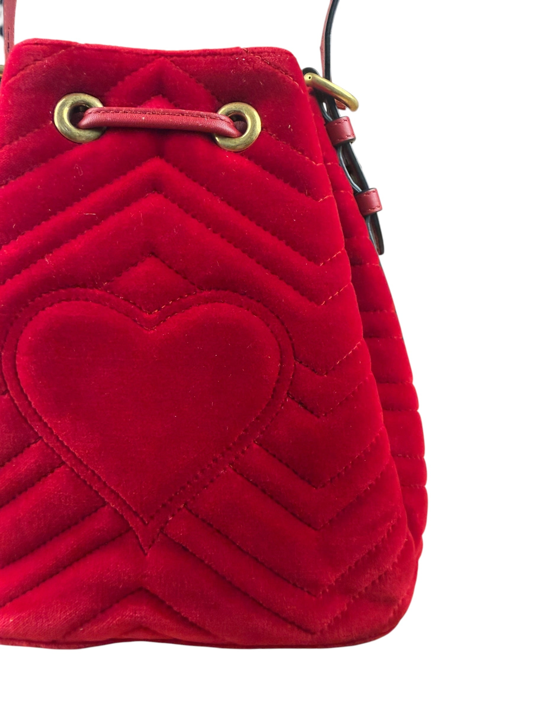 Gucci Red Velvet Leather Trim Marmont Matelasse Bucket Bag