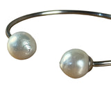 Silver-Toned Real Pearl Bangle Bracelet