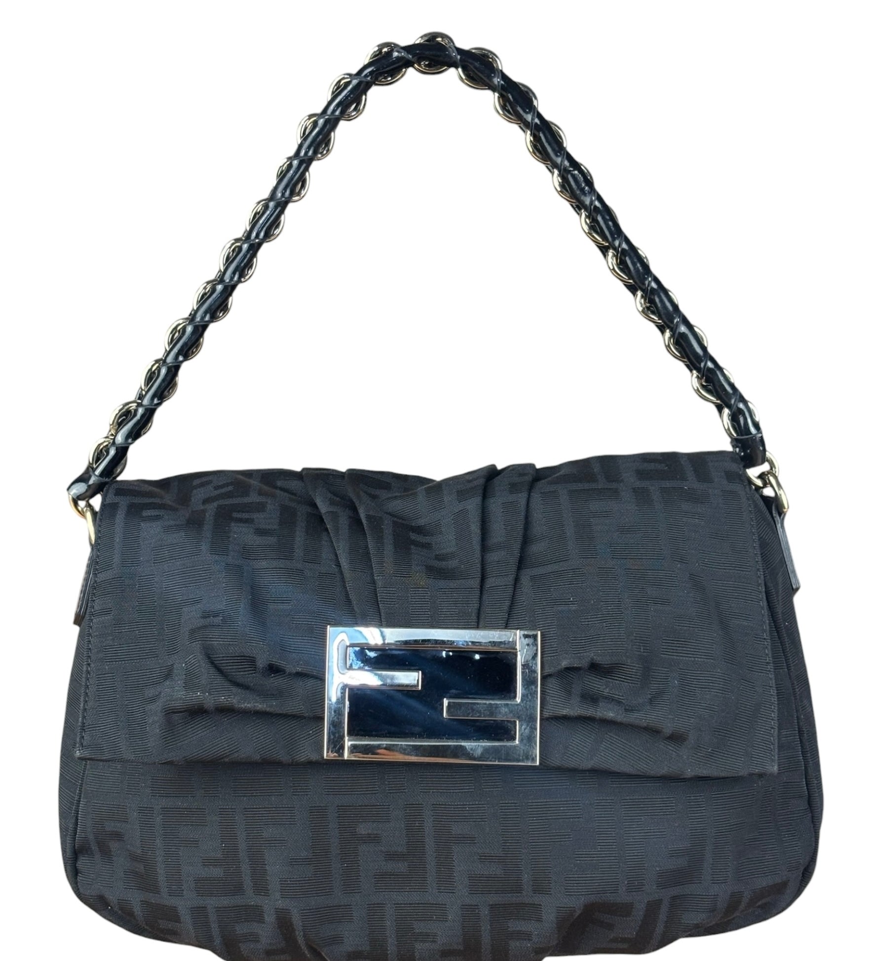 Fendi Black Zucca Canvas Monogram Mia Flap Shoulder Bag