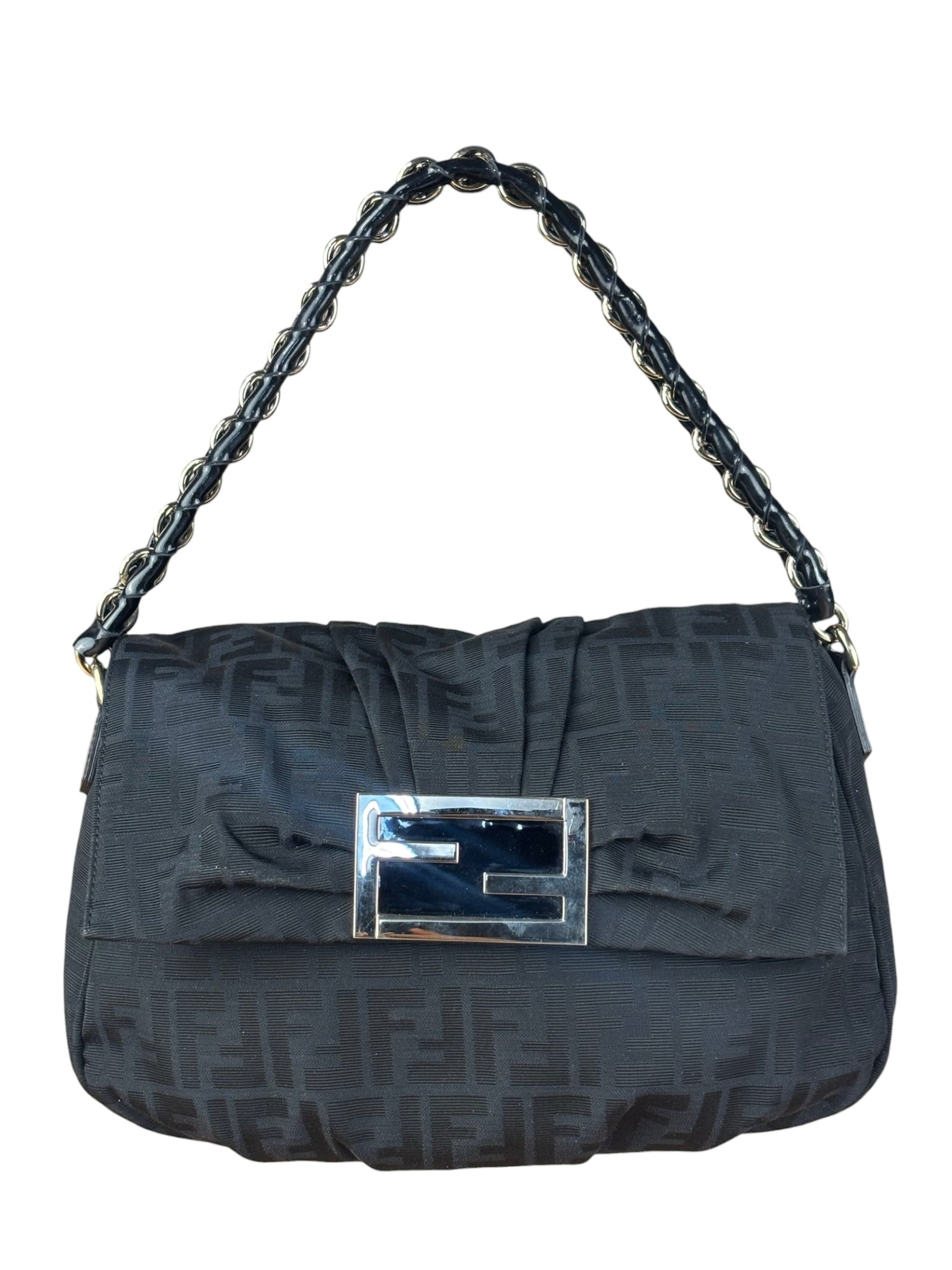 Fendi Black Zucca Canvas Monogram Mia Flap Shoulder Bag