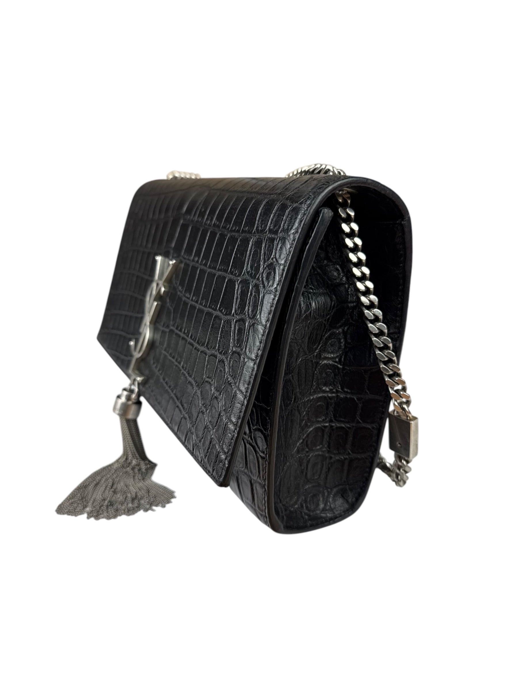 Yves Saint Laurent Black Croc-Embossed Calfskin Kate Tassel Shoulder Bag