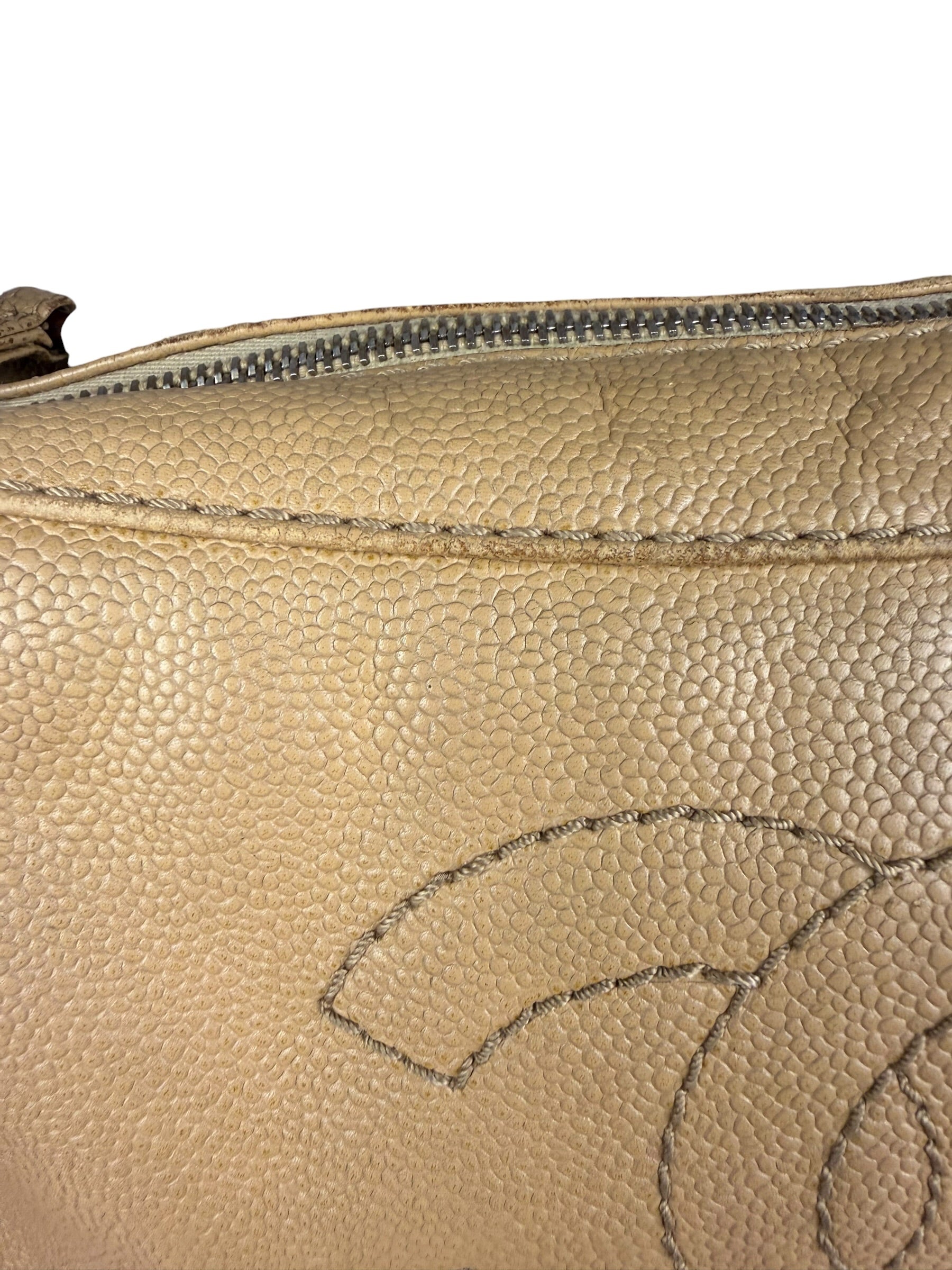 Chanel CC Vintage Beige Leather Caviar Wood Chain Hobo Bag