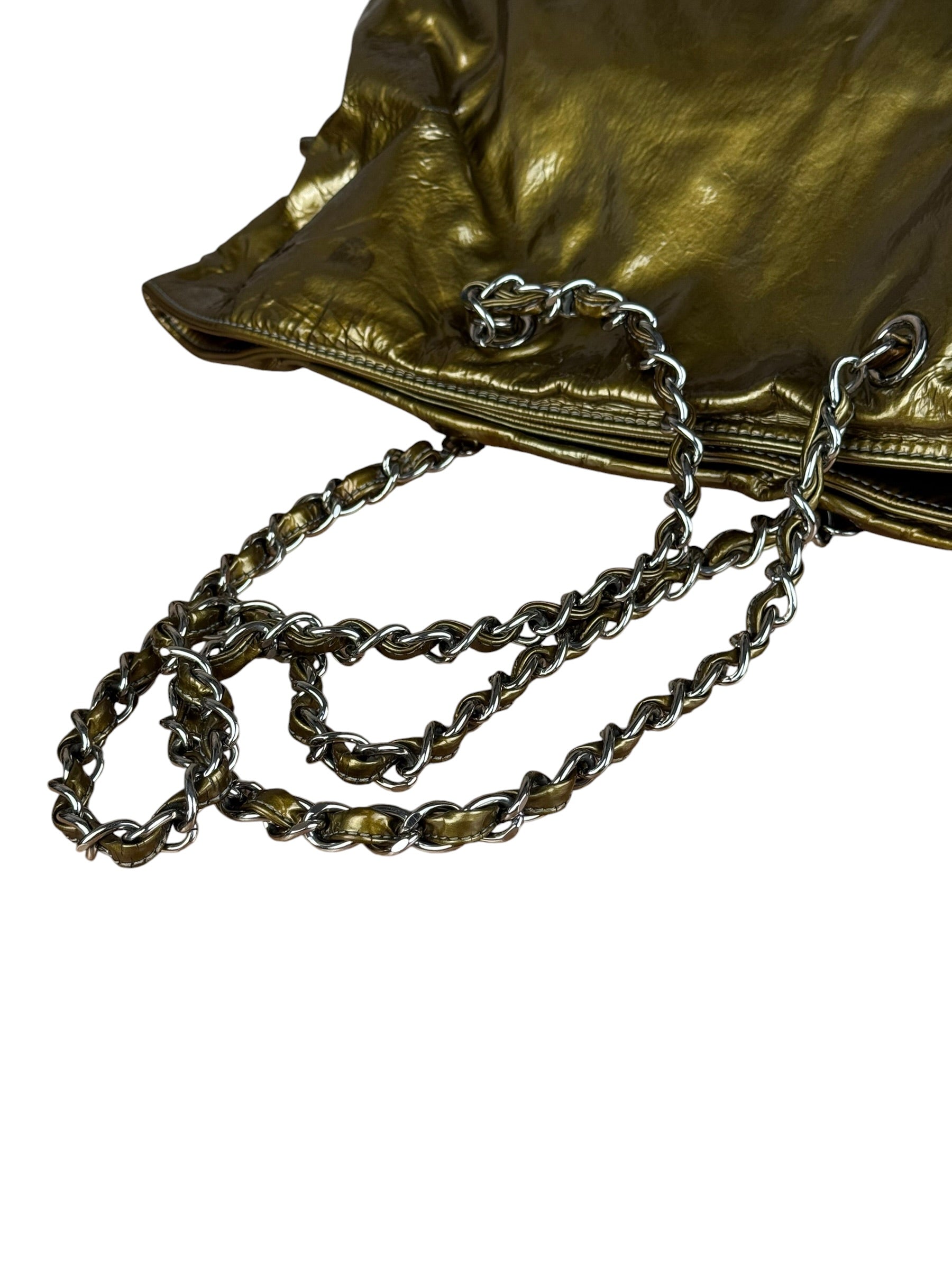 Chanel CC Green Metallic Patent Leather BonBon Chain Cinch Tote 2008