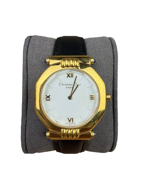 Christian Dior Octagon White Dial Black Leather Strap