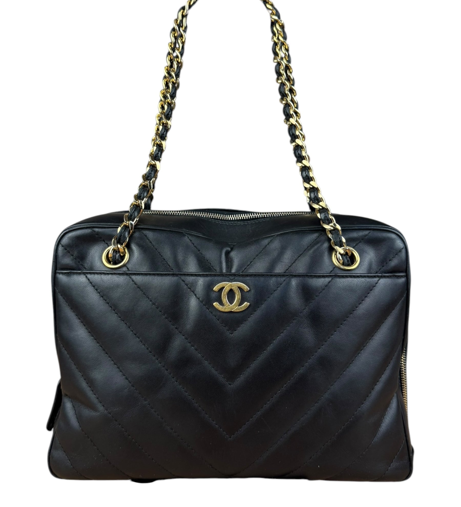 Chanel Black Chevron Leather Chain Camera Shoulder Bag 2000-2002