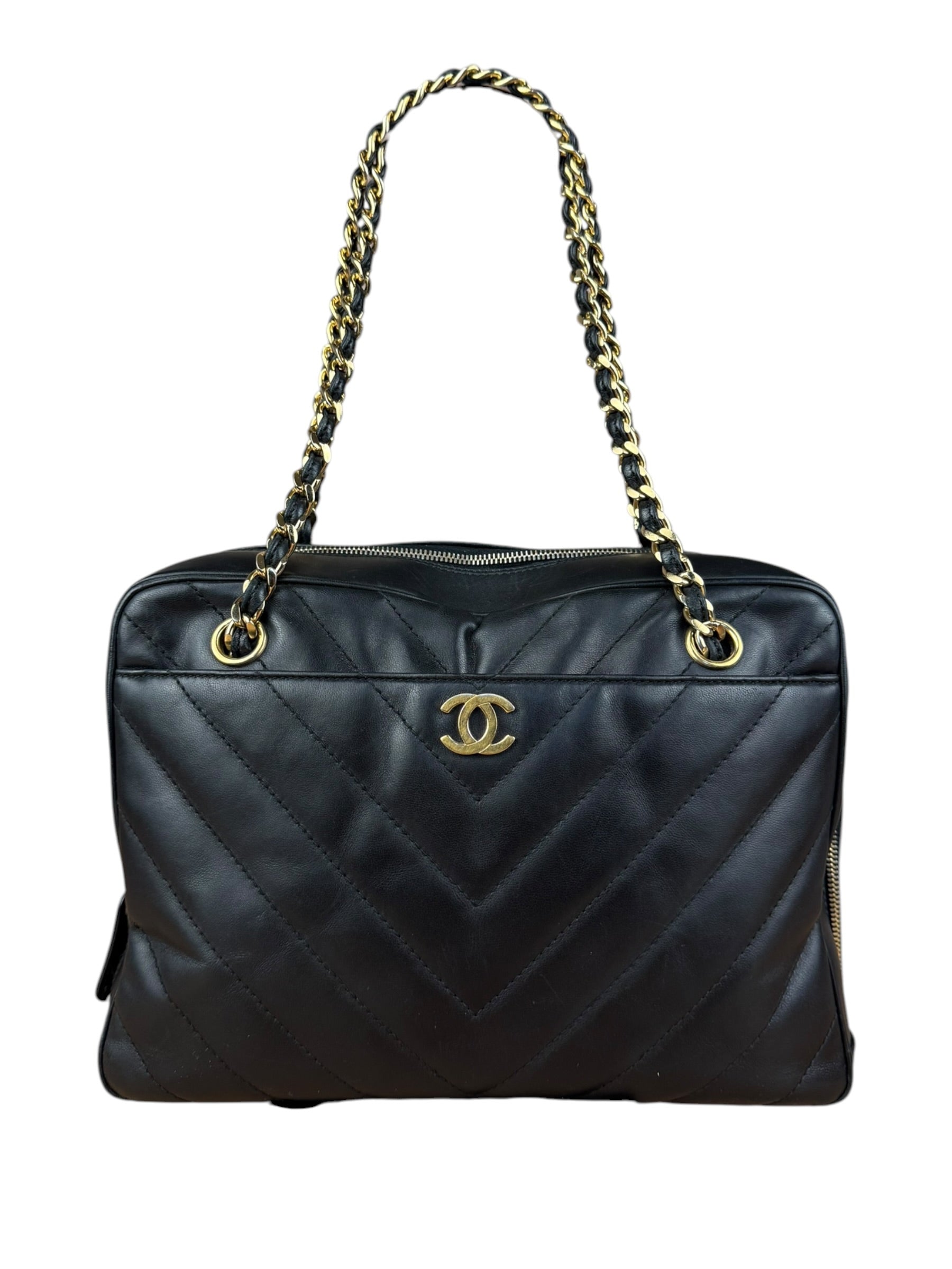 Chanel Black Chevron Leather Chain Camera Shoulder Bag 2000-2002