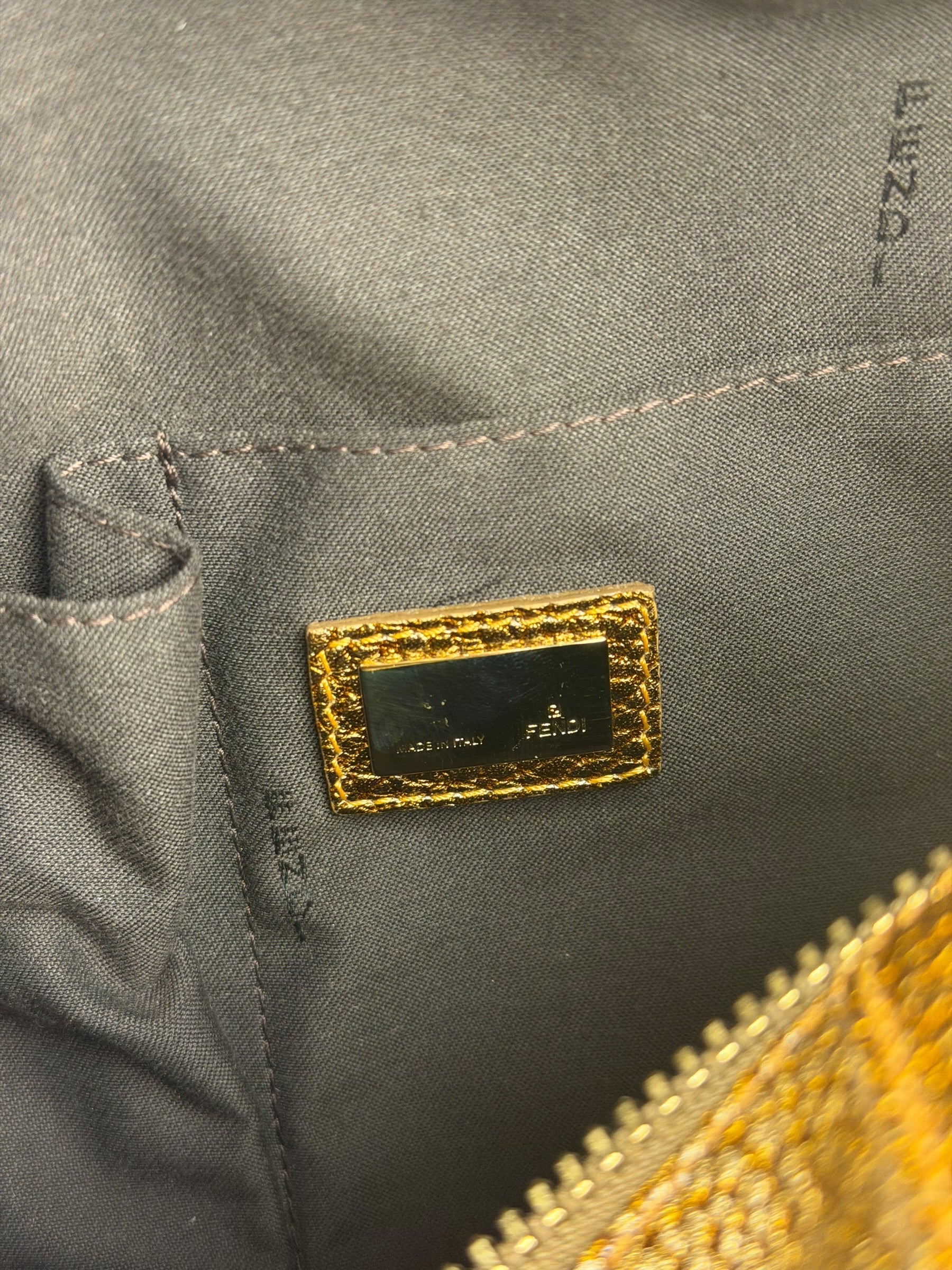 Fendi Metalic Gold Patent Pebbled Leather Media Boston Bag