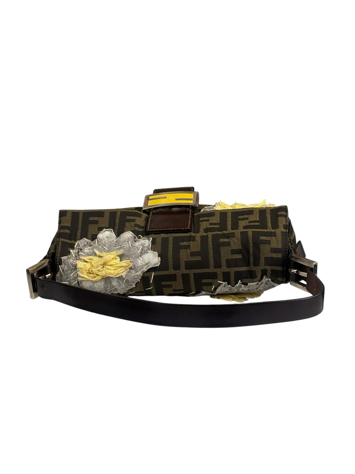 Fendi Brown Leather Trim Zucca Floral Embroidered Baguette