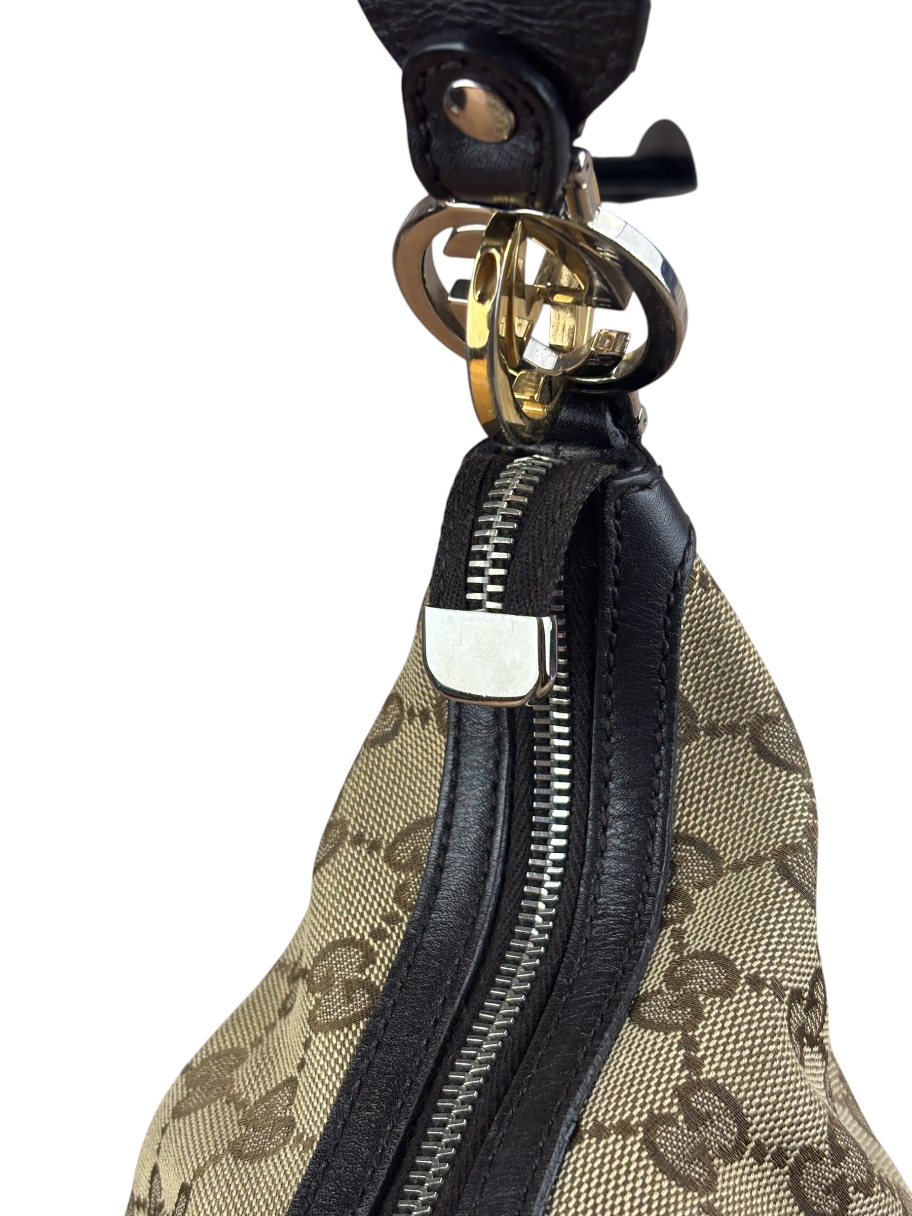 Gucci Vintage Dark Brown Leather Trim GG Canvas Twin Hobo Bag