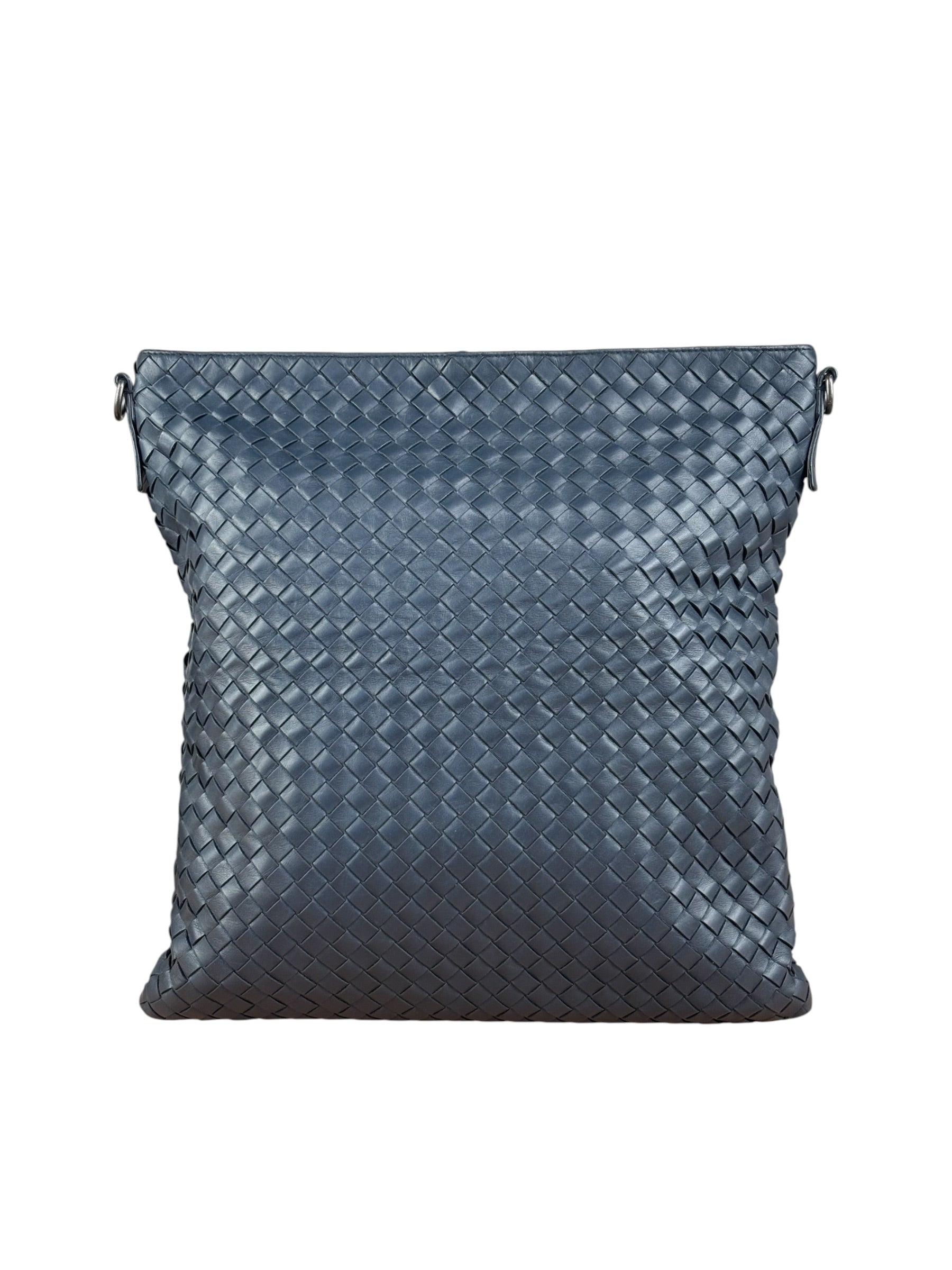 Bottega Veneta Navy Blue Leather Intrecciato Woven Flat Crossbody Bag