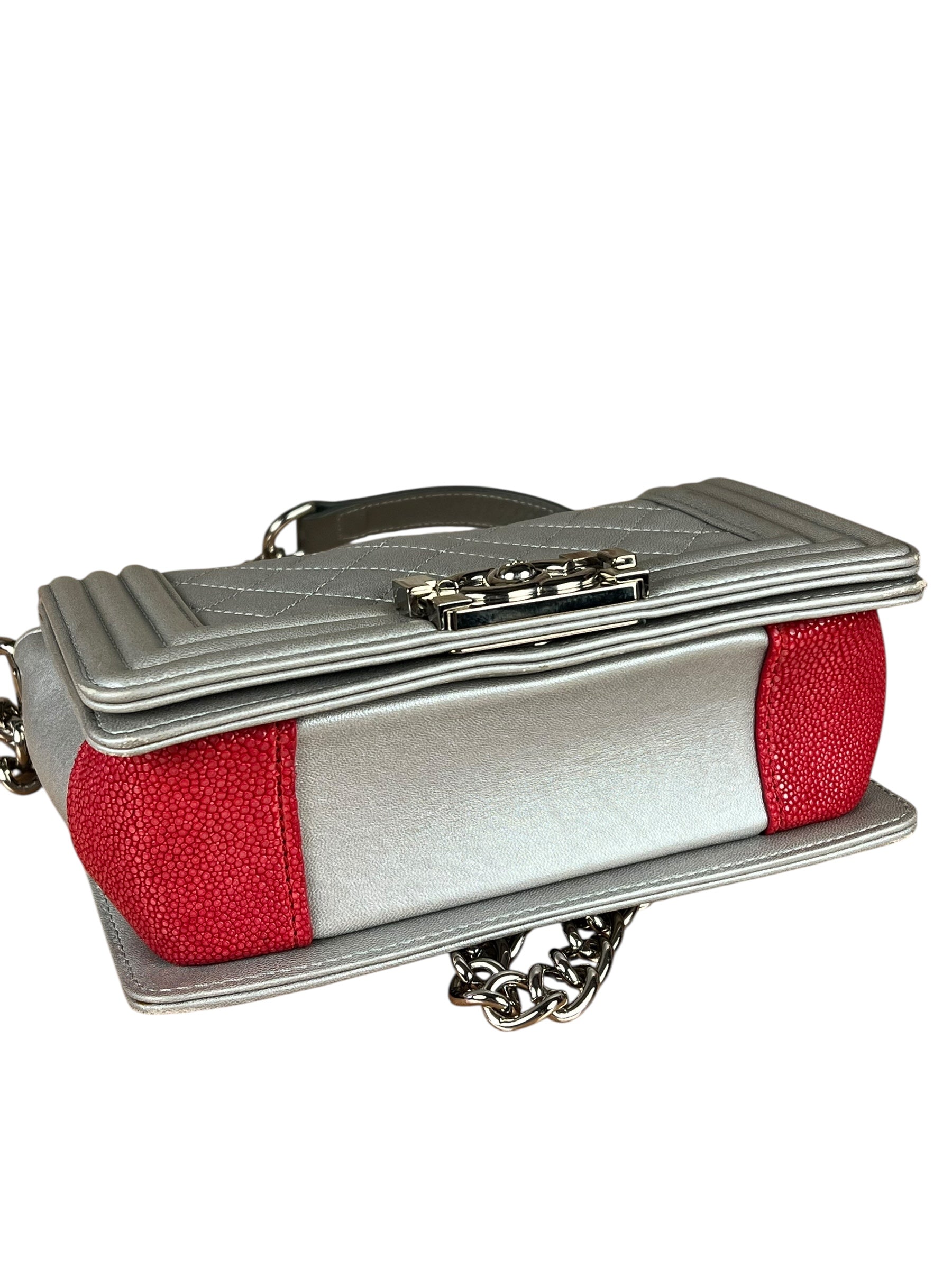 Chanel CC Silver Lambskin Quilted Boy Bag Red Stingray 2012