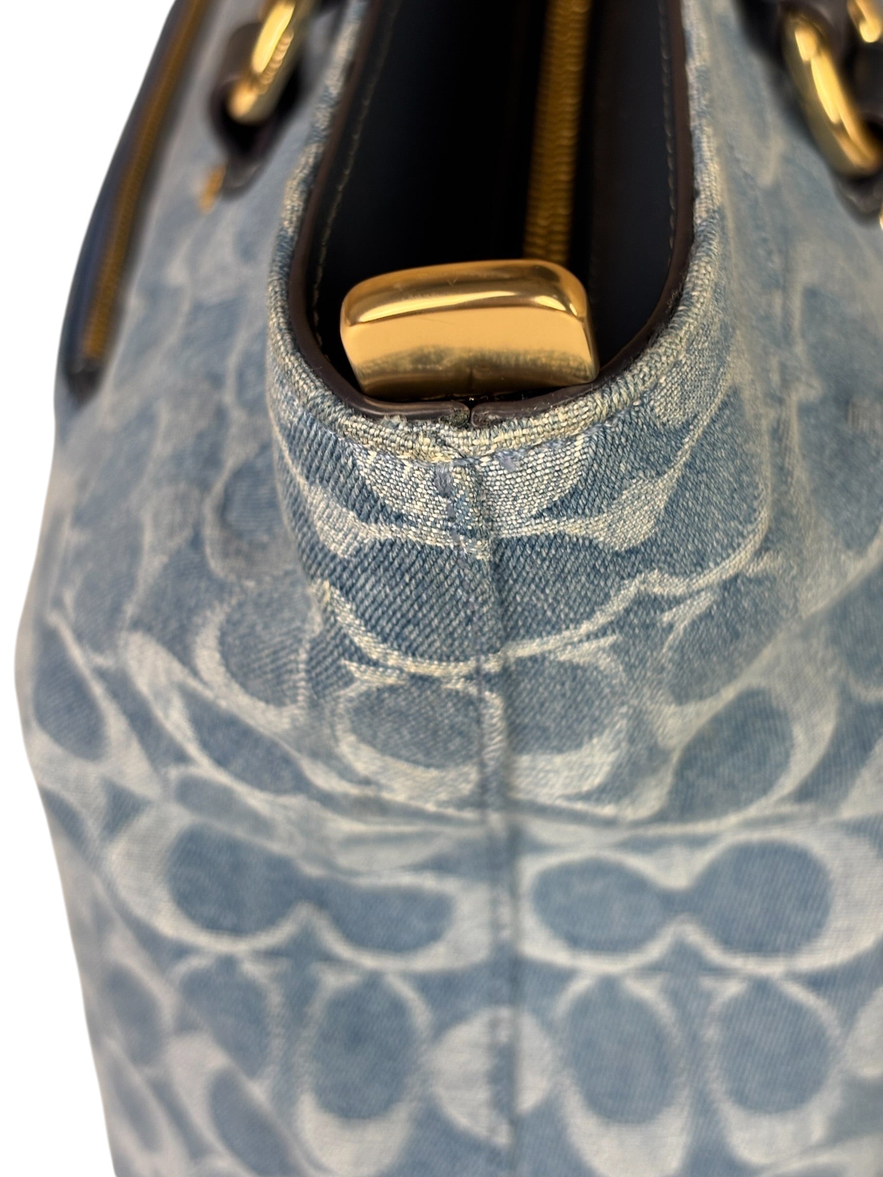 Coach Blue Leather Trim/Denim Signature Station Shoulder Bag