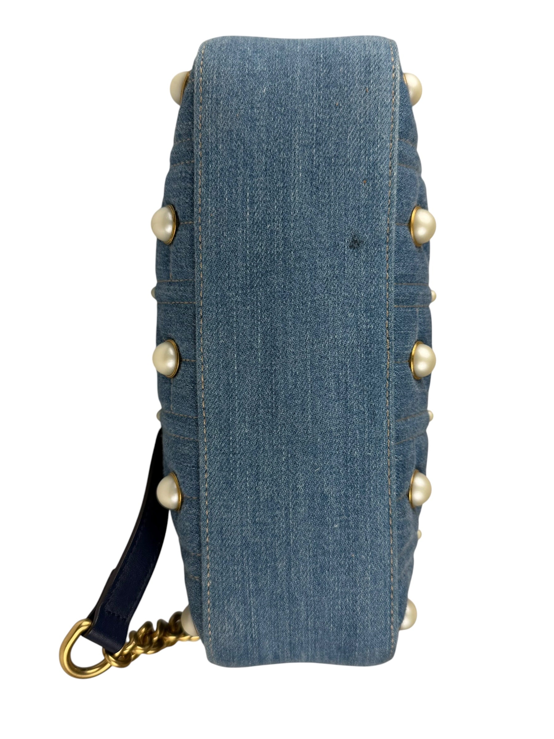Gucci Blue Denim GG Marmont Pearl Camera Bag