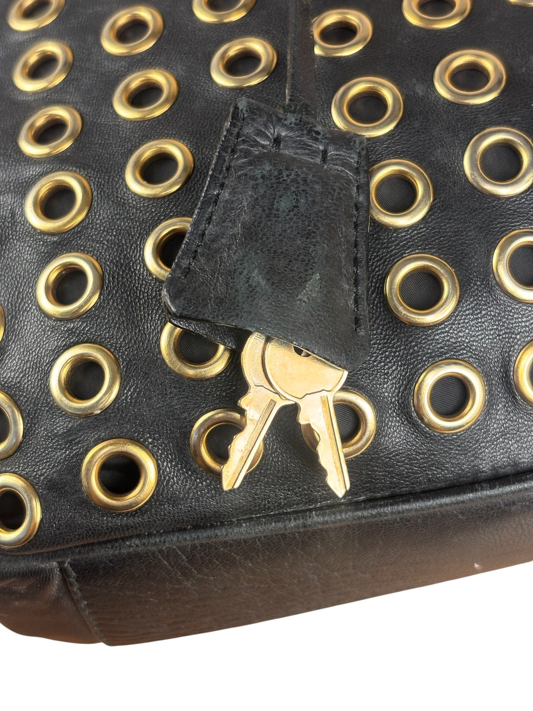 Prada Vintage Black Leather Nappa Metal Grommet Bauletto Handbag