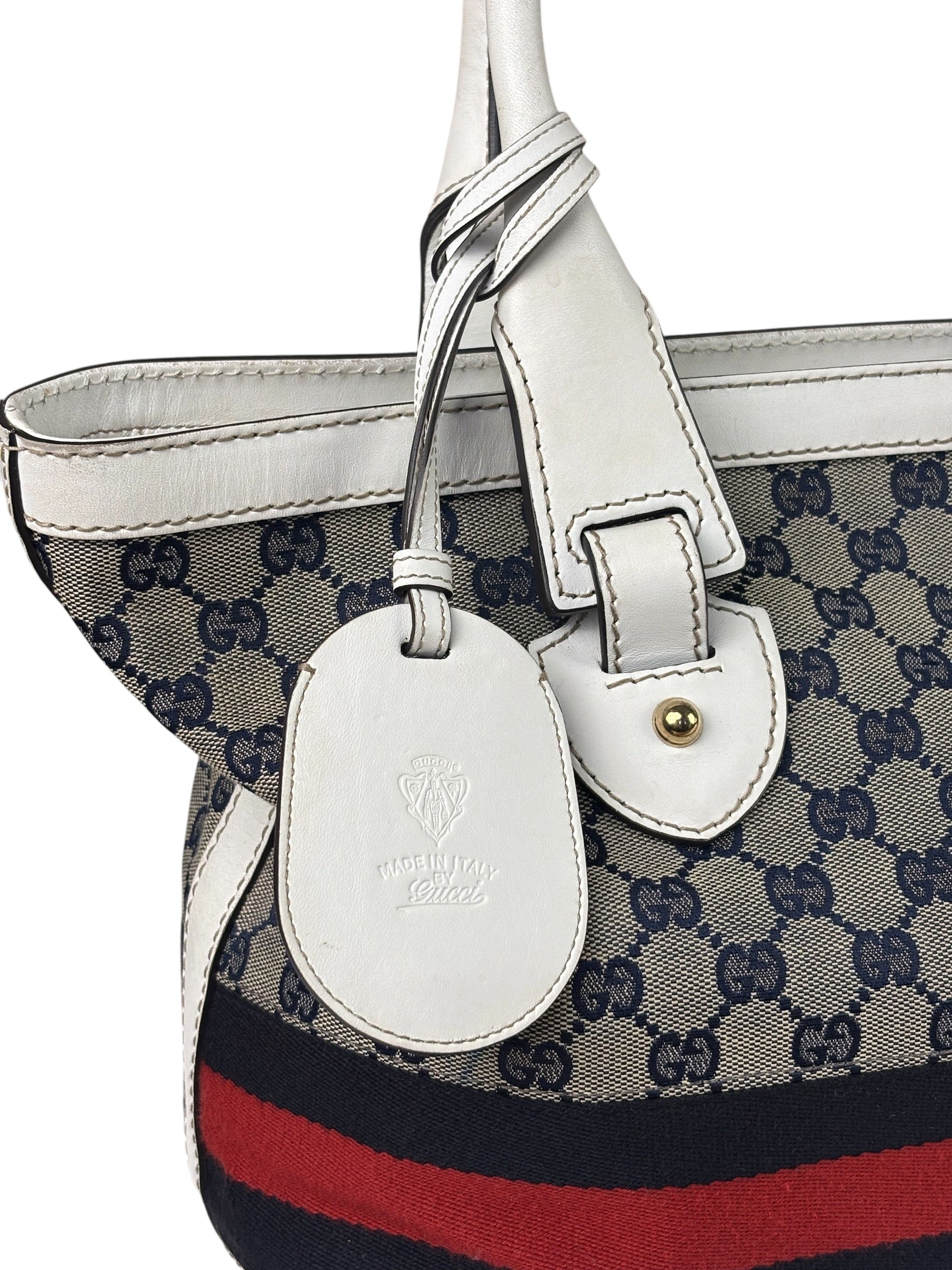 Gucci Navy Leather Trim GG Sherry Line Heritage Shoulder Bag