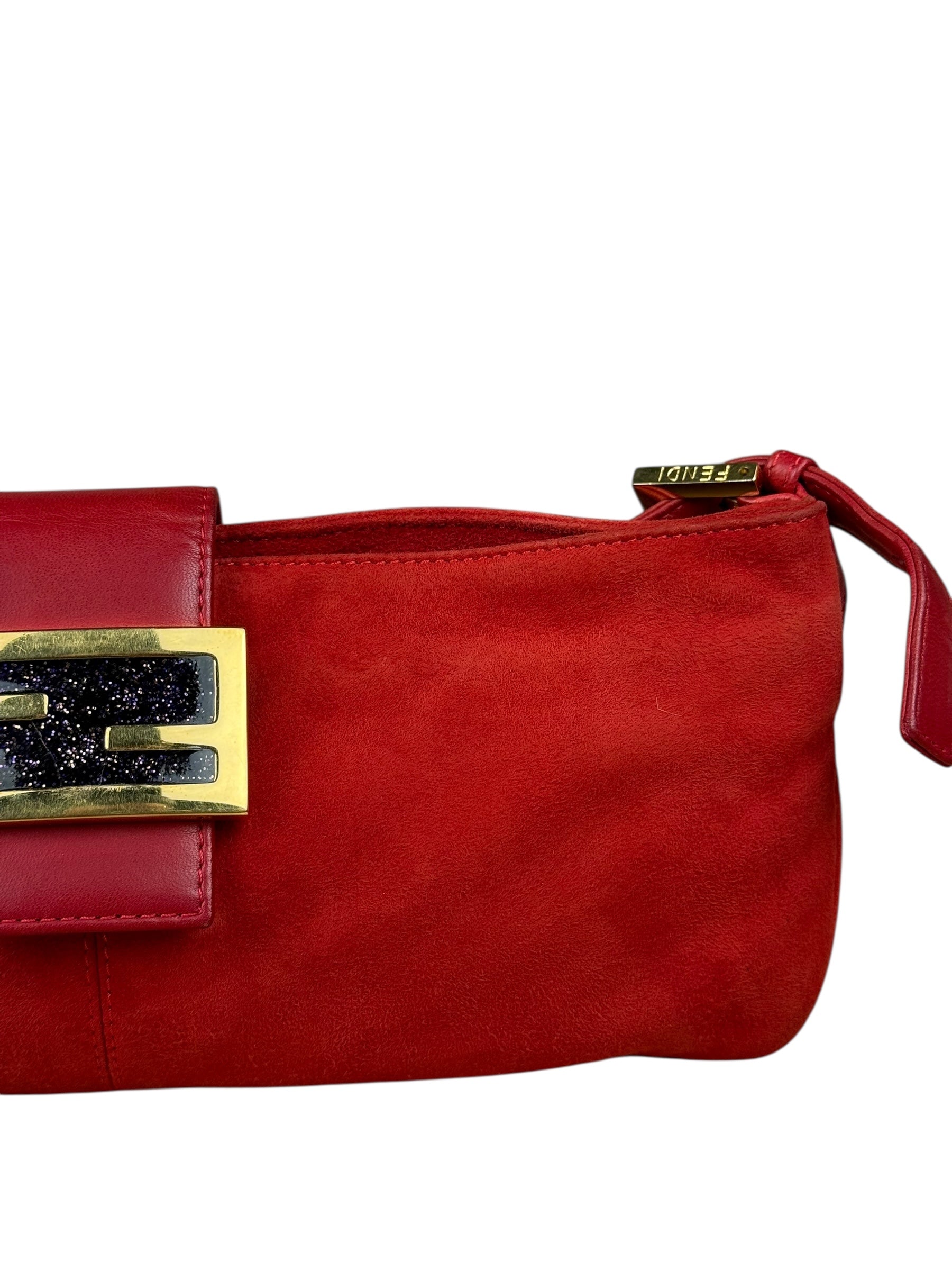 Fendi Red Suede Baguette Crossbody Bag