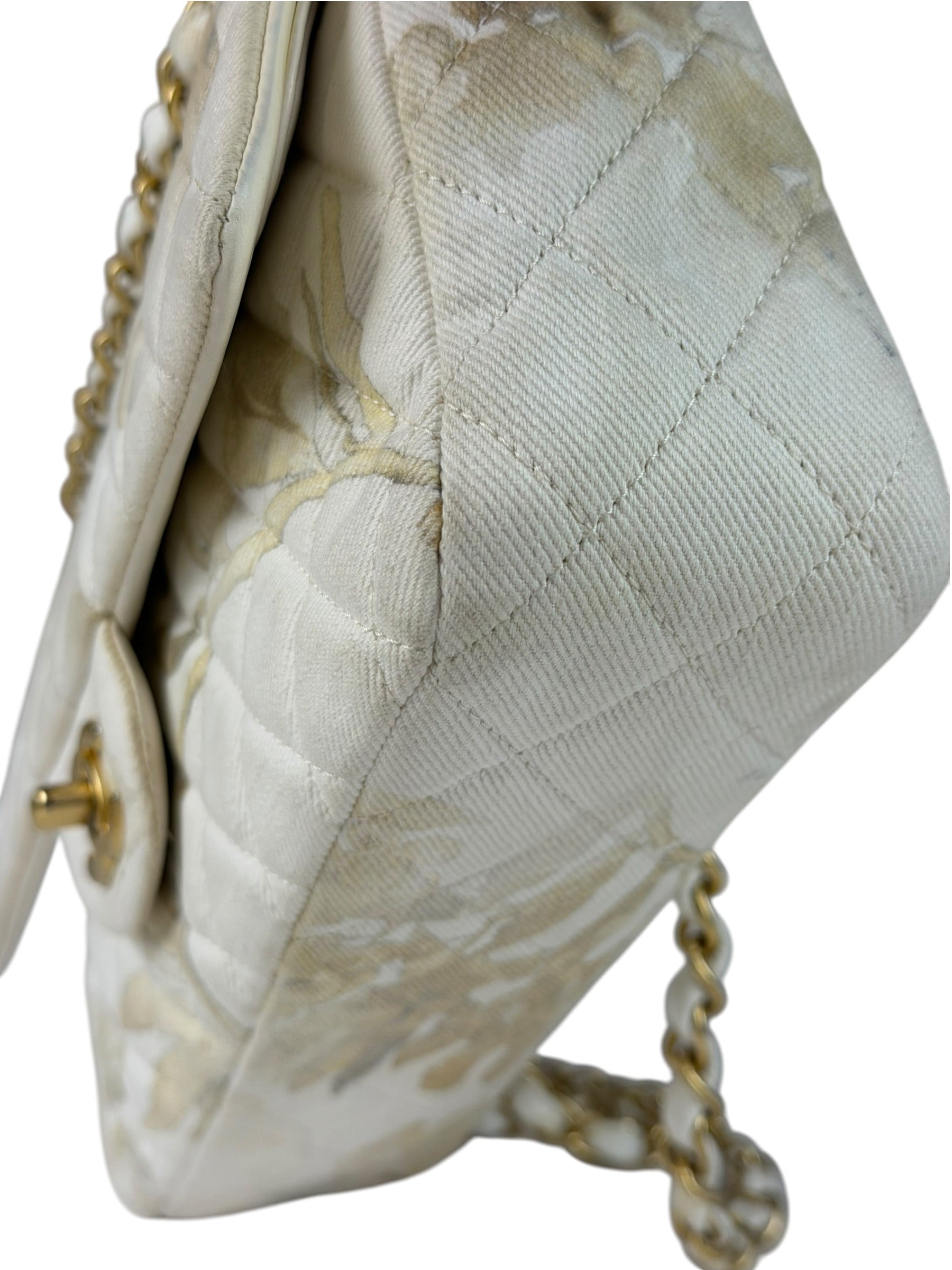 Chanel White Denim/Leather Trim Greek Collection Flower Double Flap Bag 2018