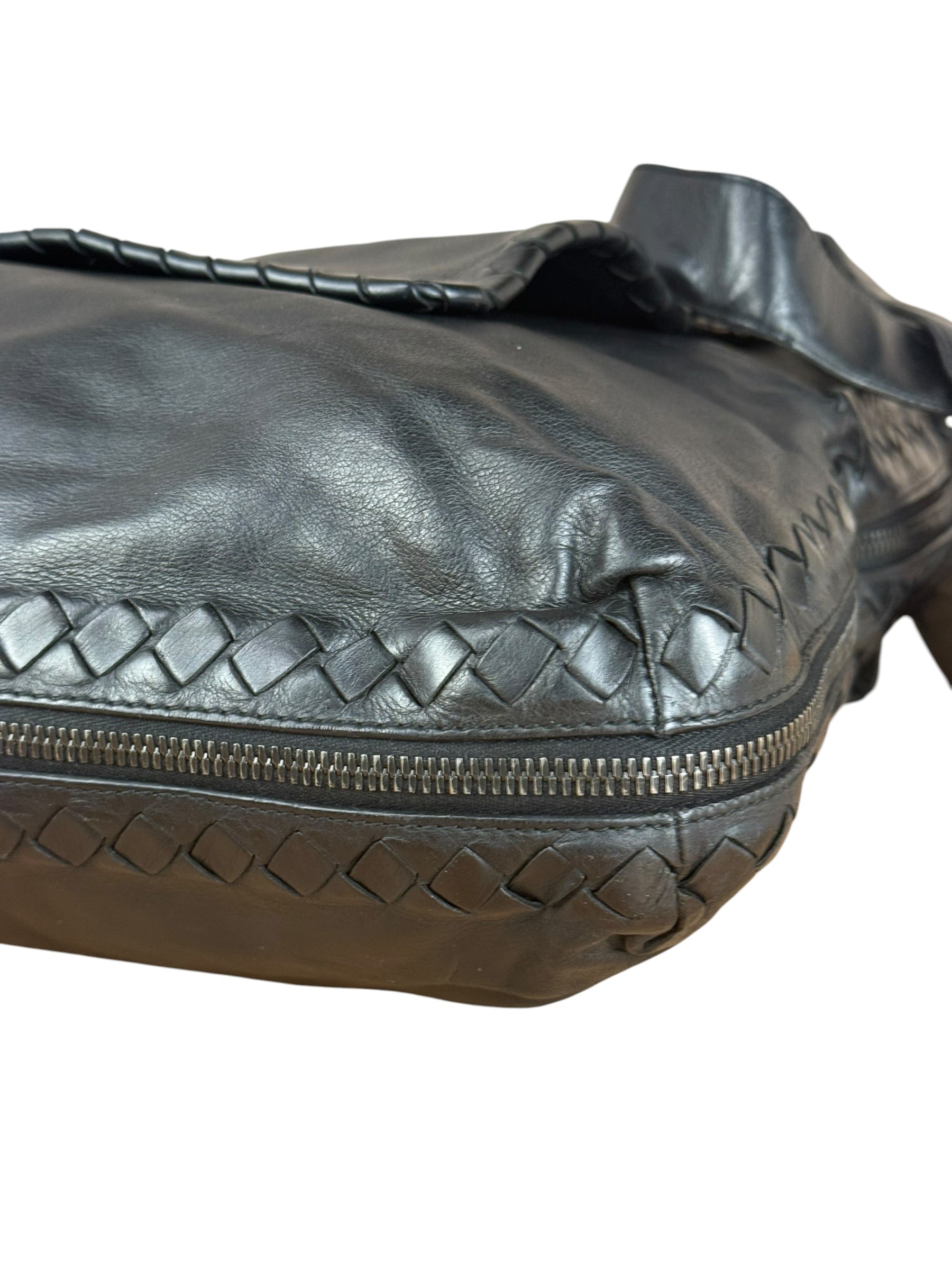 Bottega Veneta Black Intrecciato Leather Flap Messenger Bag