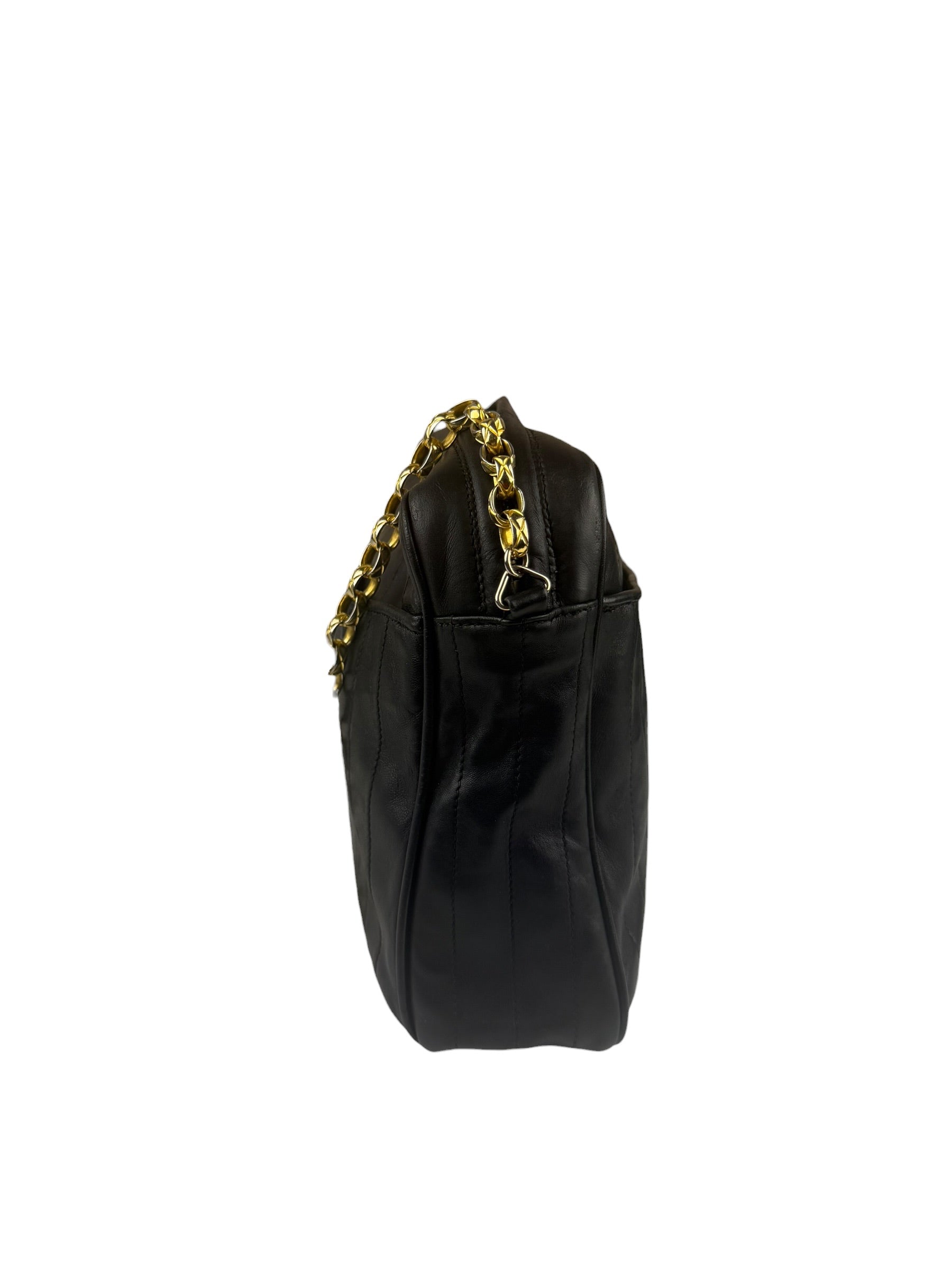 Chanel Vintage Black Leather Mademoiselle Vertical Quilted Shoulder Bag 1990's