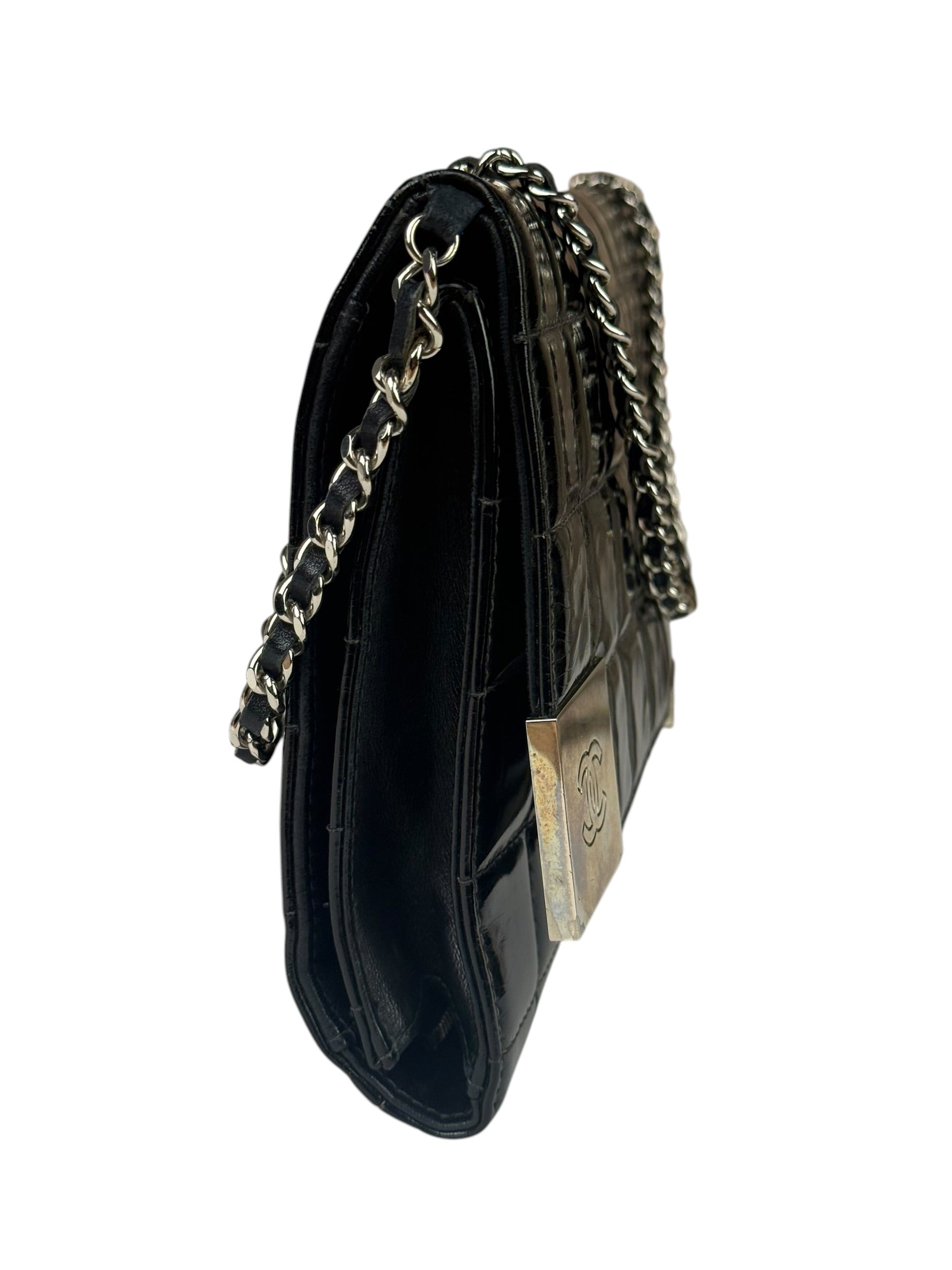Chanel Black Patent Chocolate Bar Quilted Flap Shoulder Bag 2001