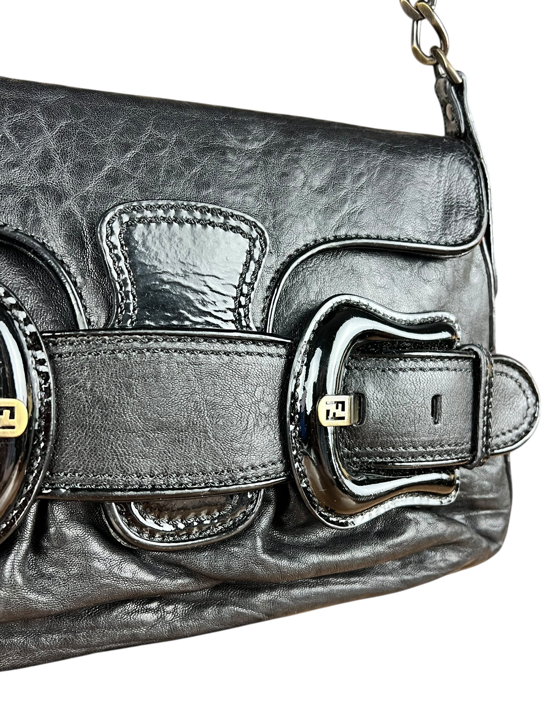 Fendi Black Patent Buckle Leather Shoulder Bag