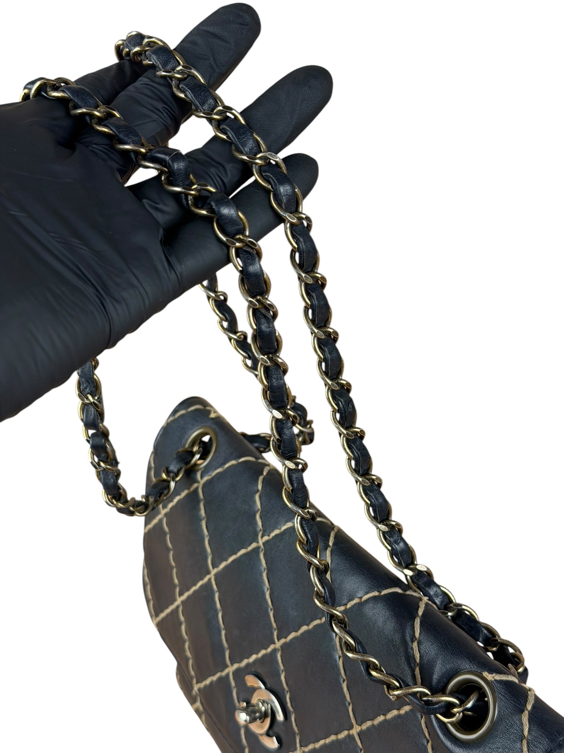 Chanel Vintage Navy Blue Leather Wild Stitch Surpique Flap Bag 2001