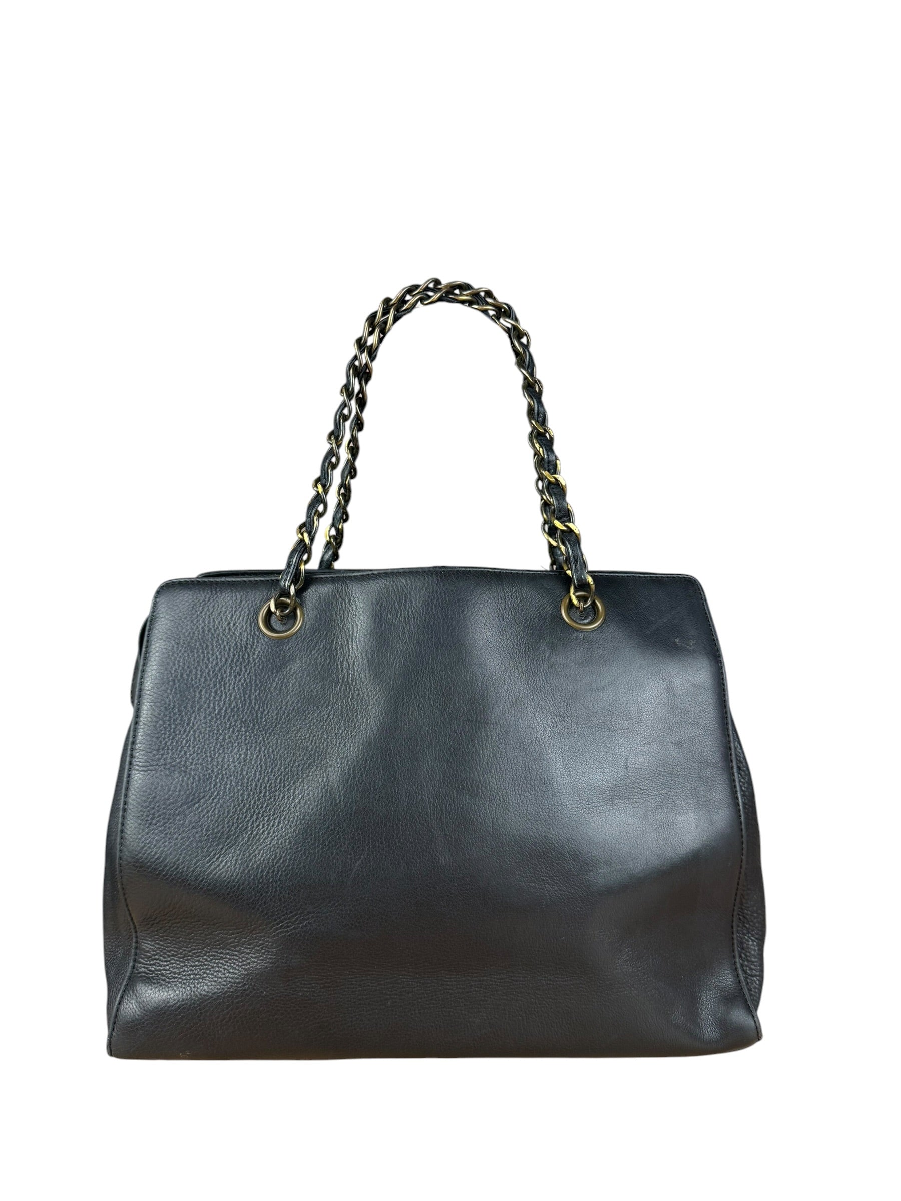 Chanel Black Leather Front Pocket Chain Tote 1998