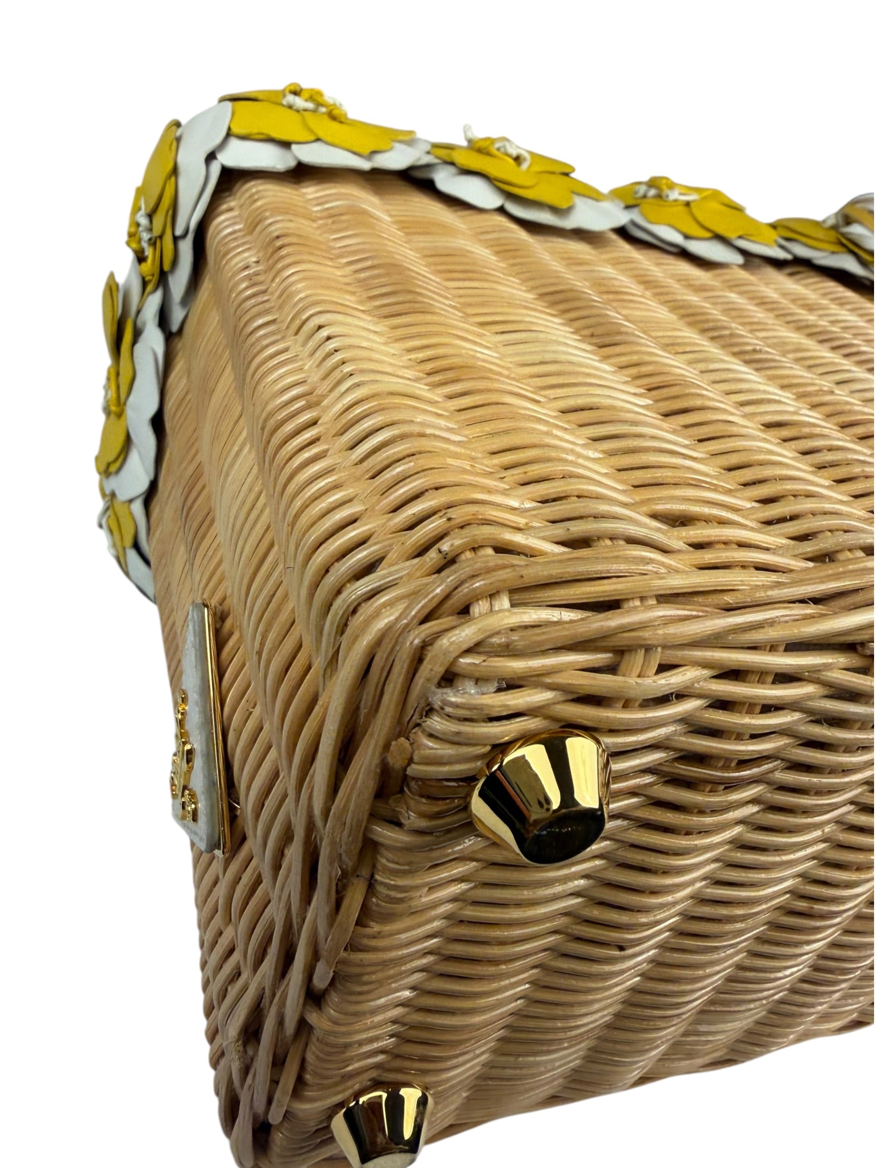 Prada Midollino Leather Trim Wicker Canvas Flower Basket