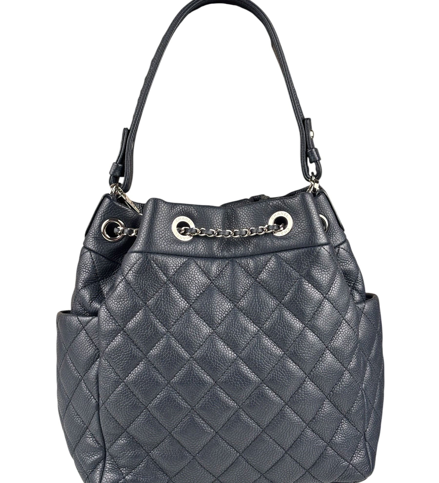 Chanel Navy Blue Leather Drawstring Bucket Two-Way Bag 2018