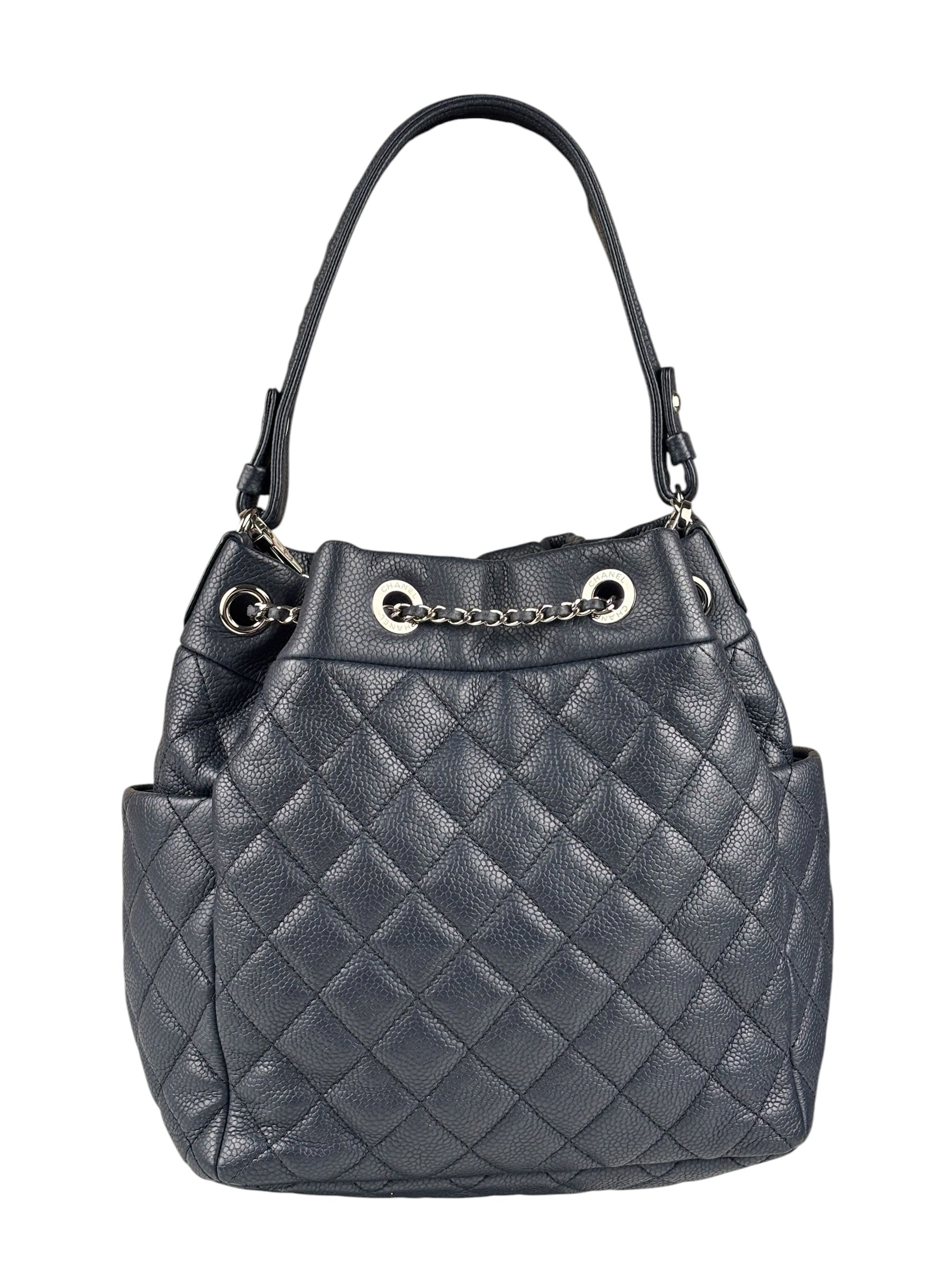 Chanel Navy Blue Leather Drawstring Bucket Two-Way Bag 2018